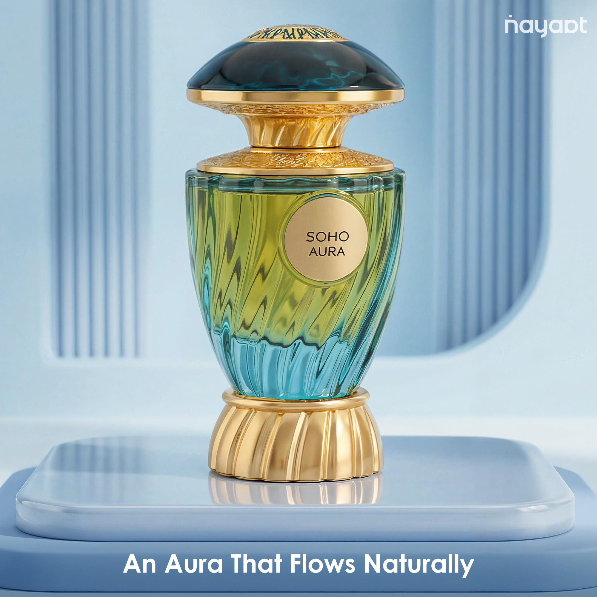 Orientica Nayaat Soho Aura Eau de Parfum 100 ml – Profumo Arabo da Donna con Note Fruttate, Floreali e Dolci, Calendula, Mandarino, Litchi, Gelsomino, Mughetto, Praliné, Muschio, Ambra Grigia e Pesca