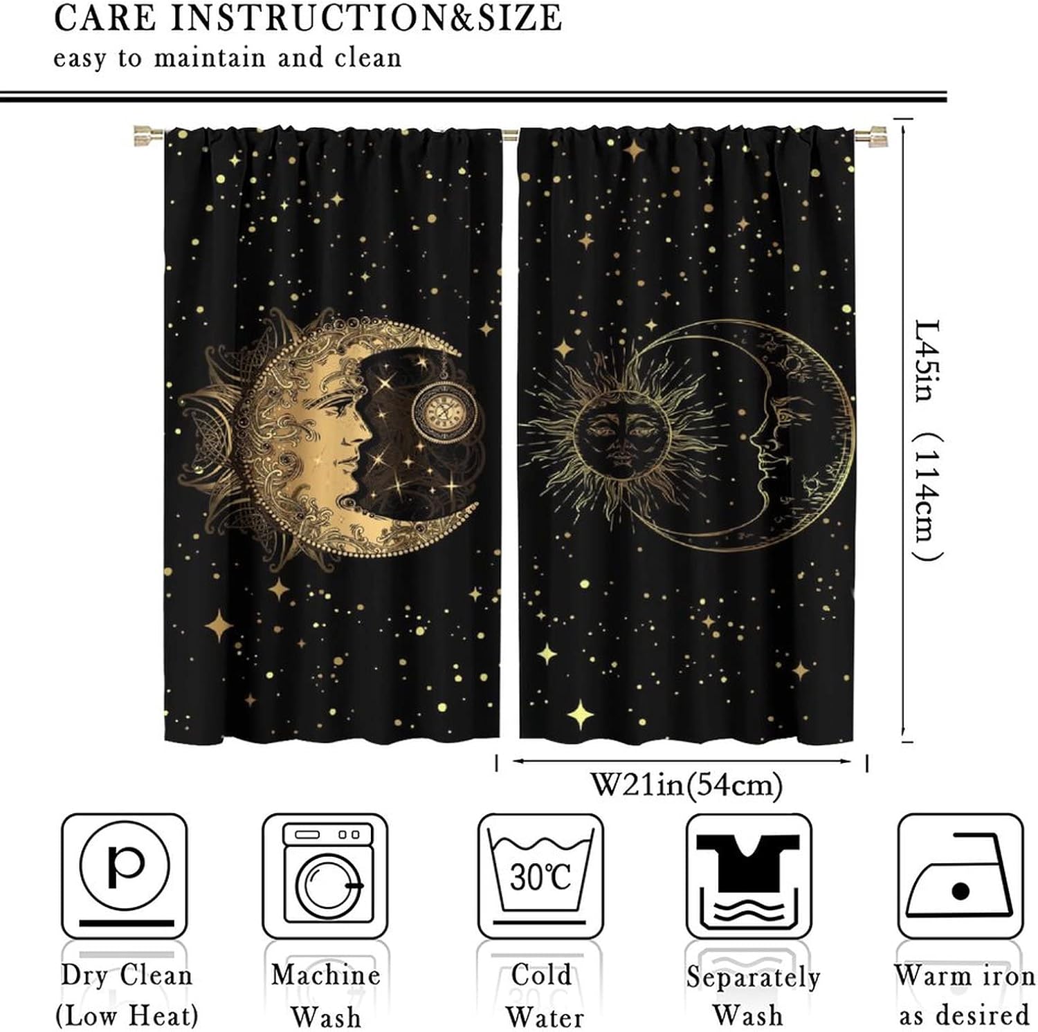 Sun and Moon Blackout Windows Curtains, Golden Planet Star Mysterious Galaxy Curtains Space Curtains, for Living Room Bedroom 42x45in 2 Panels