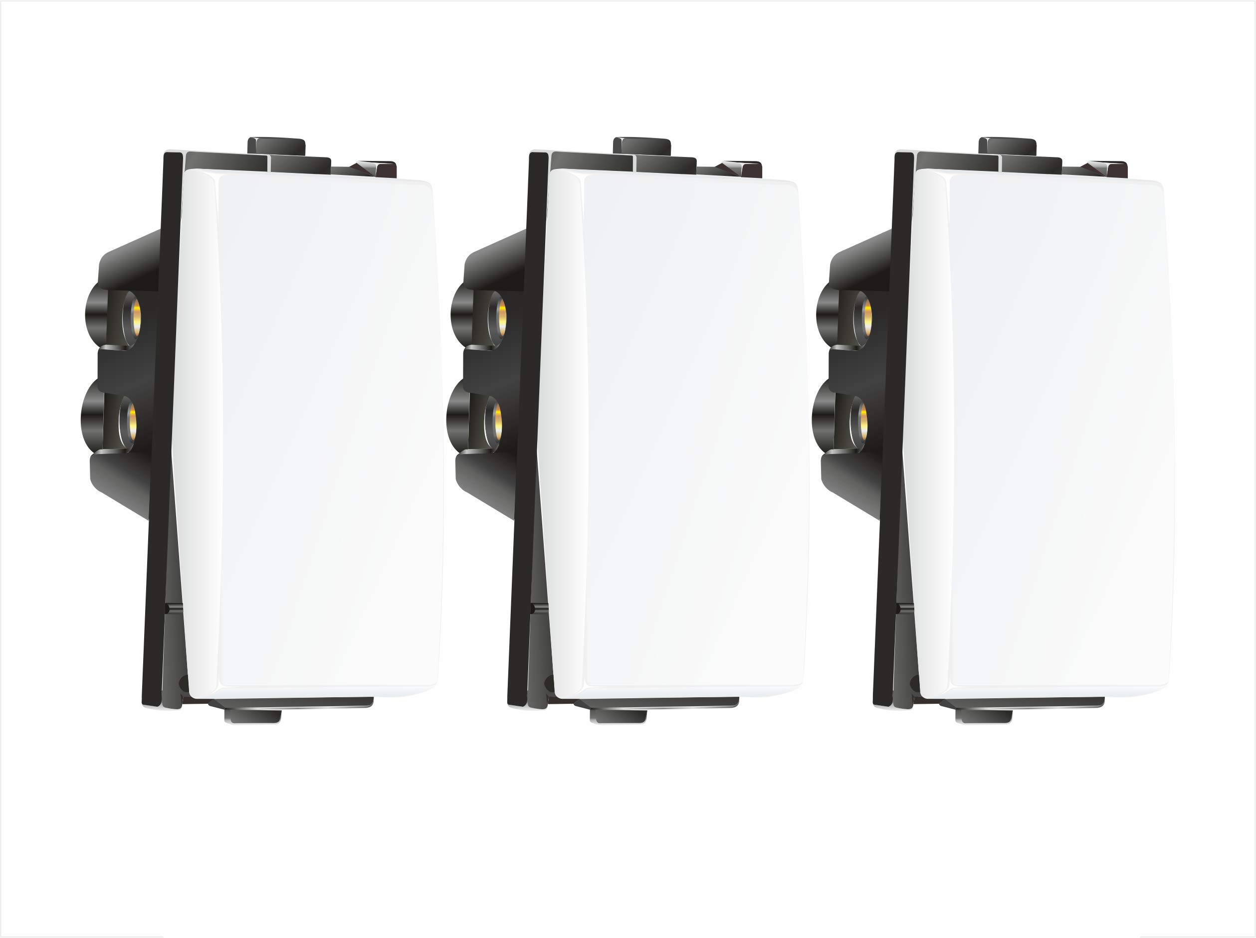 Salzer Modular 1 Way Electrical Switch | 10 Amps, 240 Volts AC, AX Rated | 1-Way ON/Off Switches for Home/Office | Heavy Duty Polycarbonate Body Switches| White (Pack of 3)
