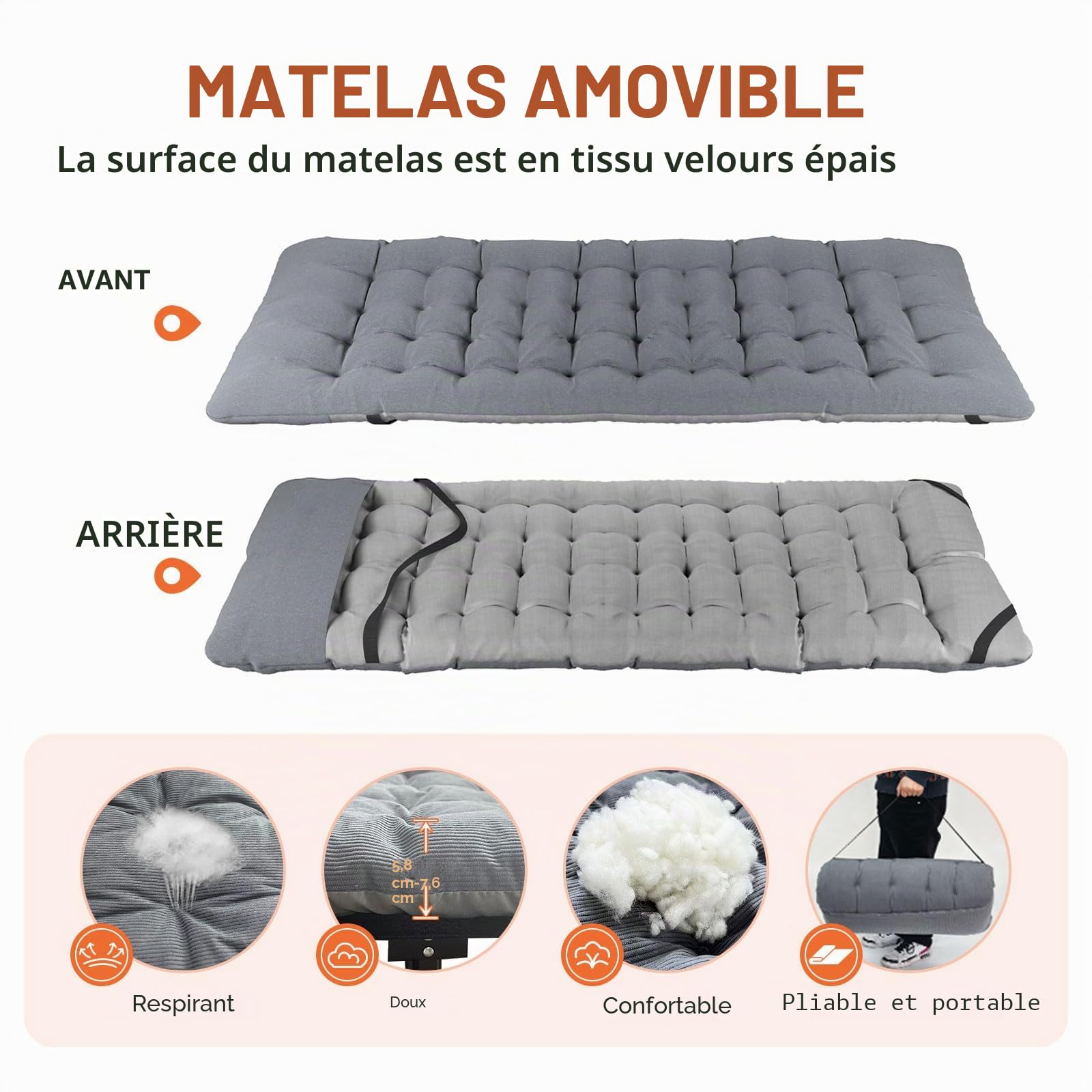 ATORPOK SHOP Lit de camping lit de camp pliable, Lit d'appoint pliable jusqu'à 200 kg, avec poche latérale, chaise longue de camping portable, extérieur, jardin, voyage, camping, intérieur (gris)