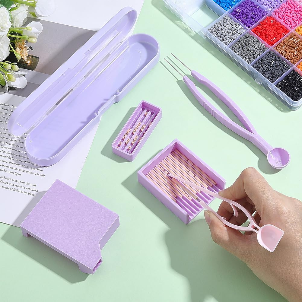 FREEBLOSS 6 in 1 Fuse Bead Picking Tray Set Fuse Bead Tray Tool Kit Includes Single Needle Tweezer Spoon Lid, Suitable for 2.6mm Mini Size Beads, Purple