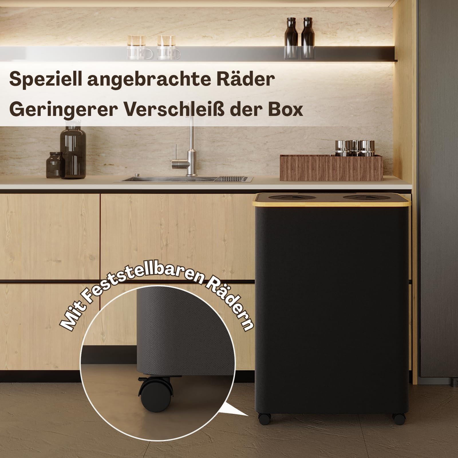 RMAN Cubo de Basura 160 L Reciclaje con Ruedas Grande, Negro | Con Tapa, 2 Compartimentos, Para Recoger Botellas Vacías, 18cm de Diámetro para Cocina, Comedor, Oficina