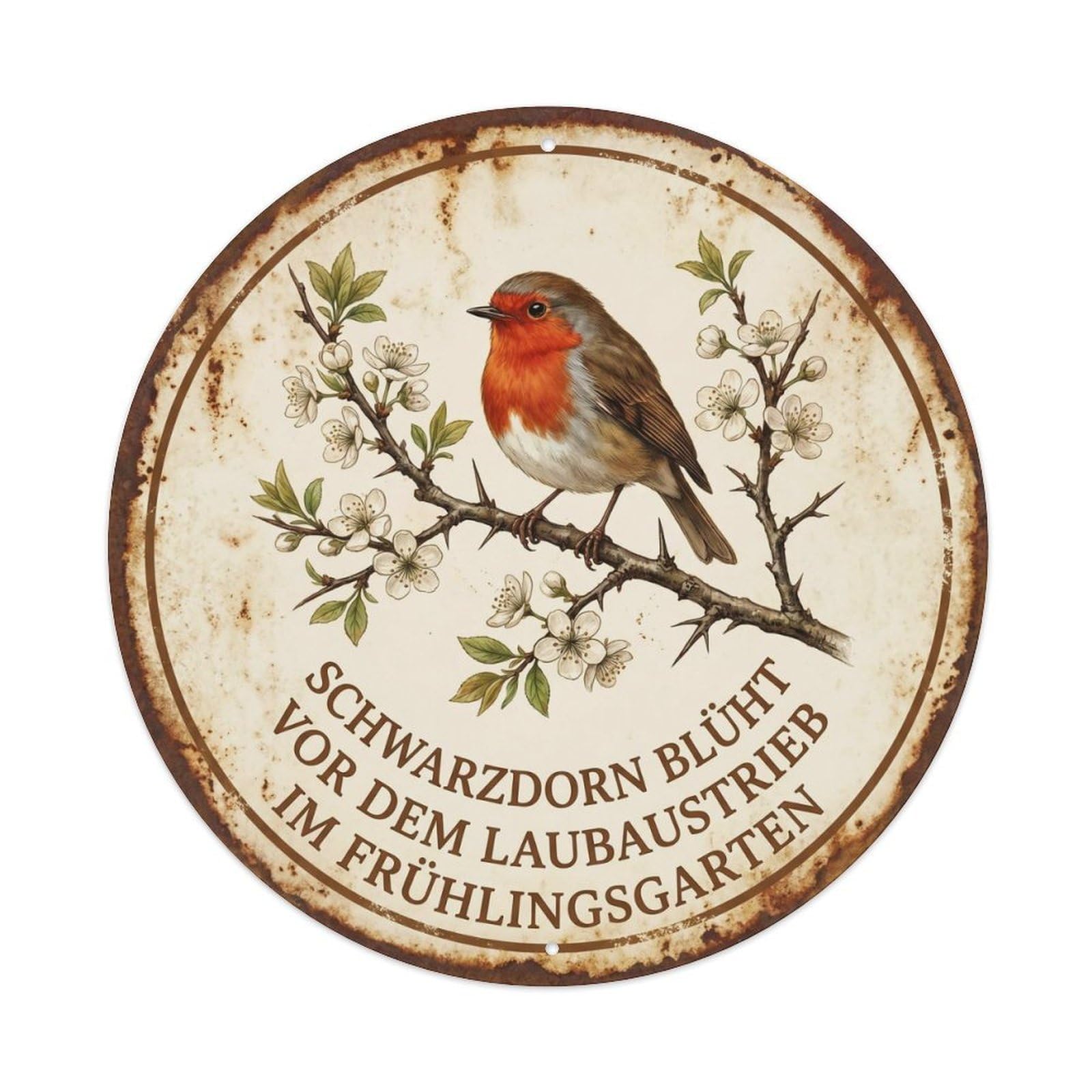 Robin Bird Garden Quote Blackthorn RoundMetal Tin Sign
