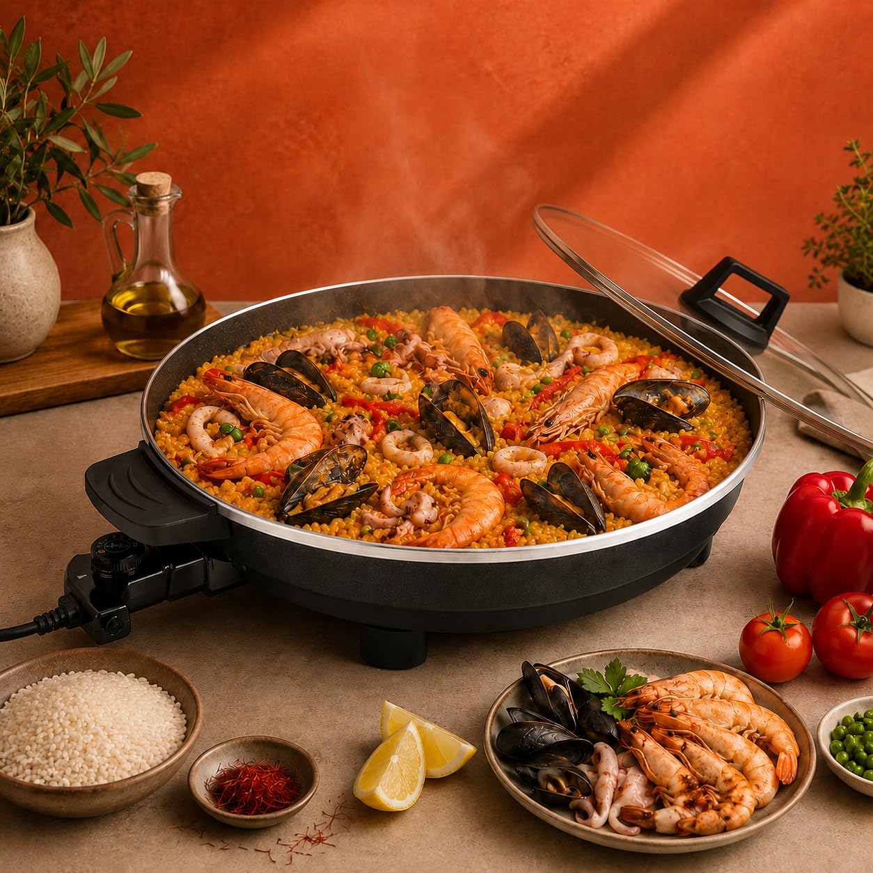JATA JEPE1601 - Paellera Eléctrica 43 cm con Tapa de Cristal, Sartén Eléctrica Antiadherente 2000W, Termostato Regulable, Tapa de Cristal con Válvula de Vapor, Ideal para Paellas, Arroces, Fideuá, ...