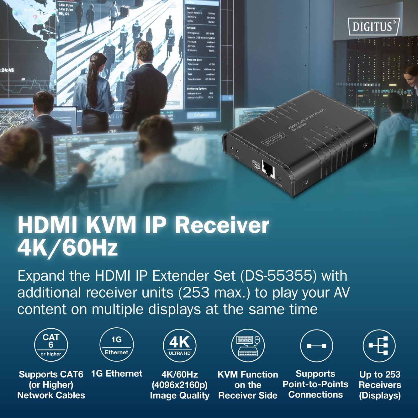 DIGITUS Ricevitore HDMI KVM IP per DS-55355 – UHD 4k 60Hz – HDMI 2.0 – portata fino a 200 m – unità ricevente – punto-multipunto – CAT 6 – nero