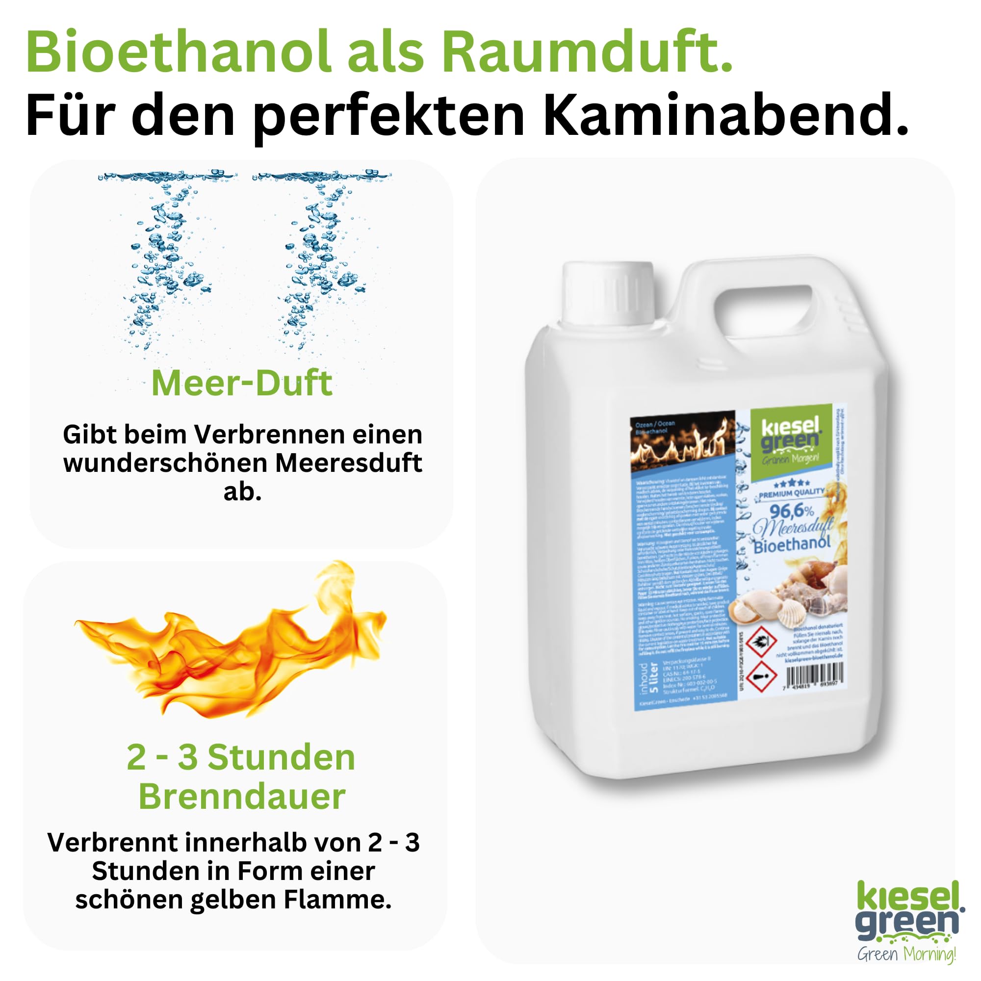 Bioethanol 10 Liter mit Duft für Ethanol-Kamin, viele Sorten - Bio Ethanol als Raumduft in vielen Duftnoten - Parfüm für Bio Ethanol Kamin Indoor oder Bioethanol (Meeresduft, 10L)