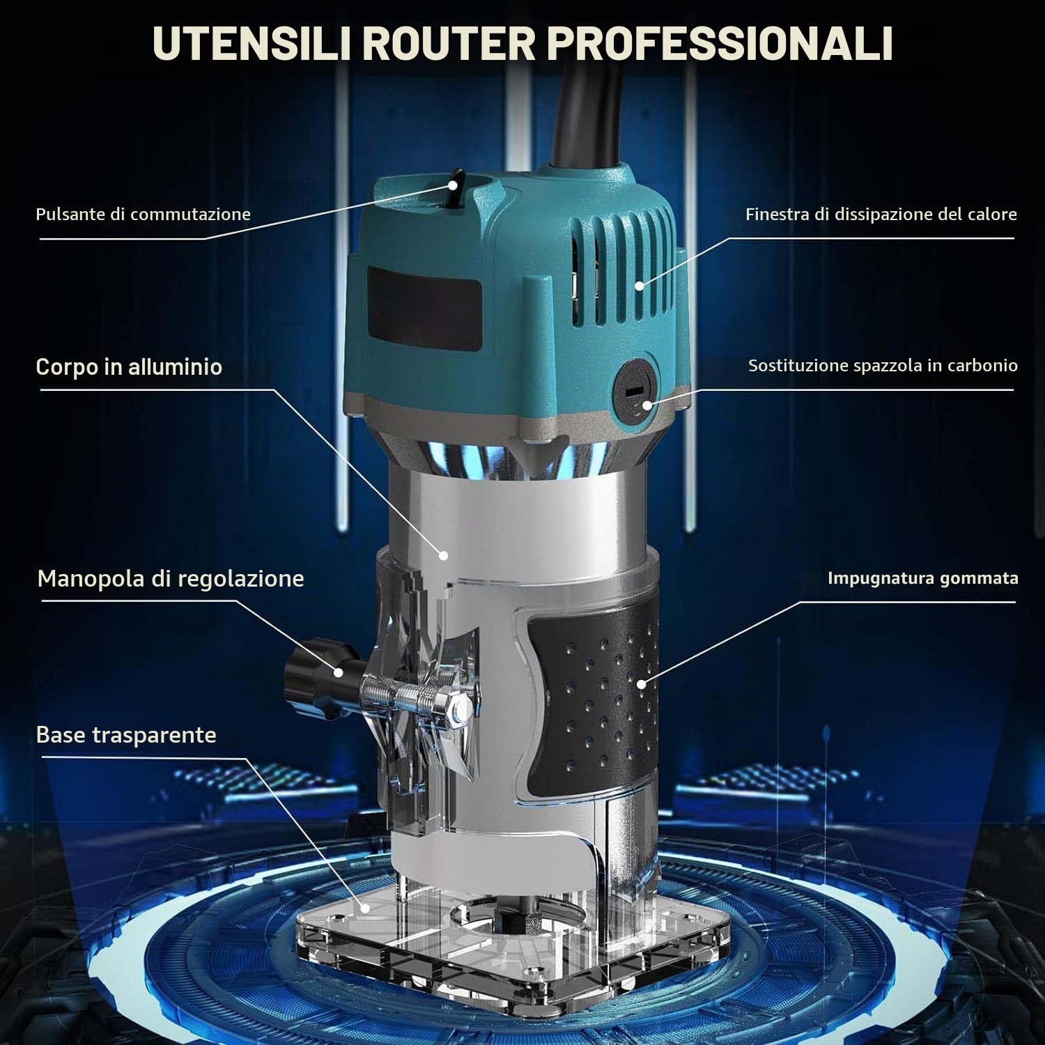 Router Elettroutensile per Intarsio Fresatrice da Banco 800W 30000 Giri/Min, Pinza 6.35mm + Kit di 15 Frese per Intarsio con Gambo da 1/4" per Lavorazione del Legno