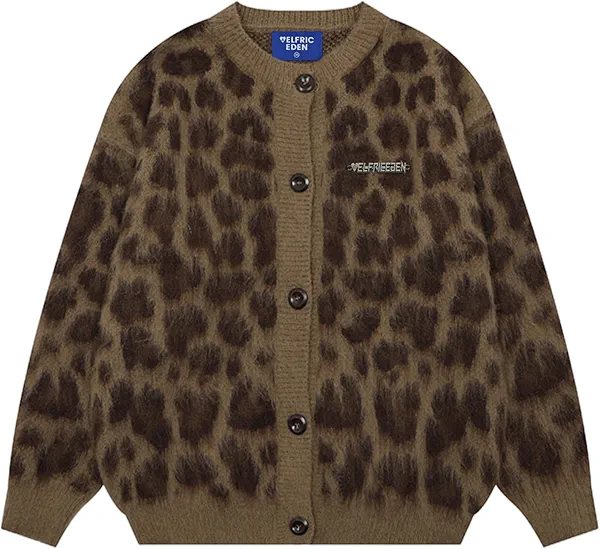 Aelfric Eden Leopard Print Cardigan Sweaters for Women Oversized Cheetah Y2k Crewneck Button Down Long Sleeve Cardigans