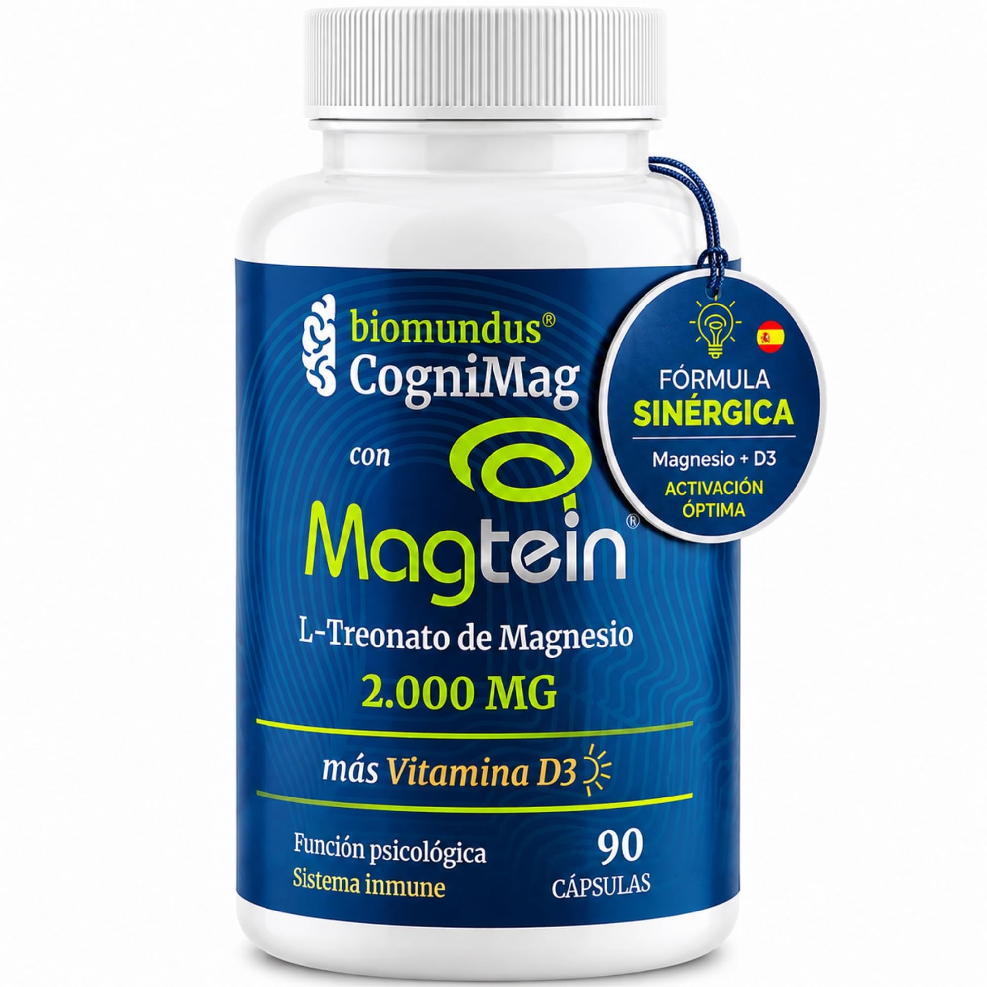 L-treonato de Magnesio Magtein® 2000 mg biomundus + Vitamina D3 2.000 UI dosis. Magnesio treonato Función cerebral óptima, mejor descanso, sueño, memoria, sistema inmune, músculos y huesos 90 cápsulas