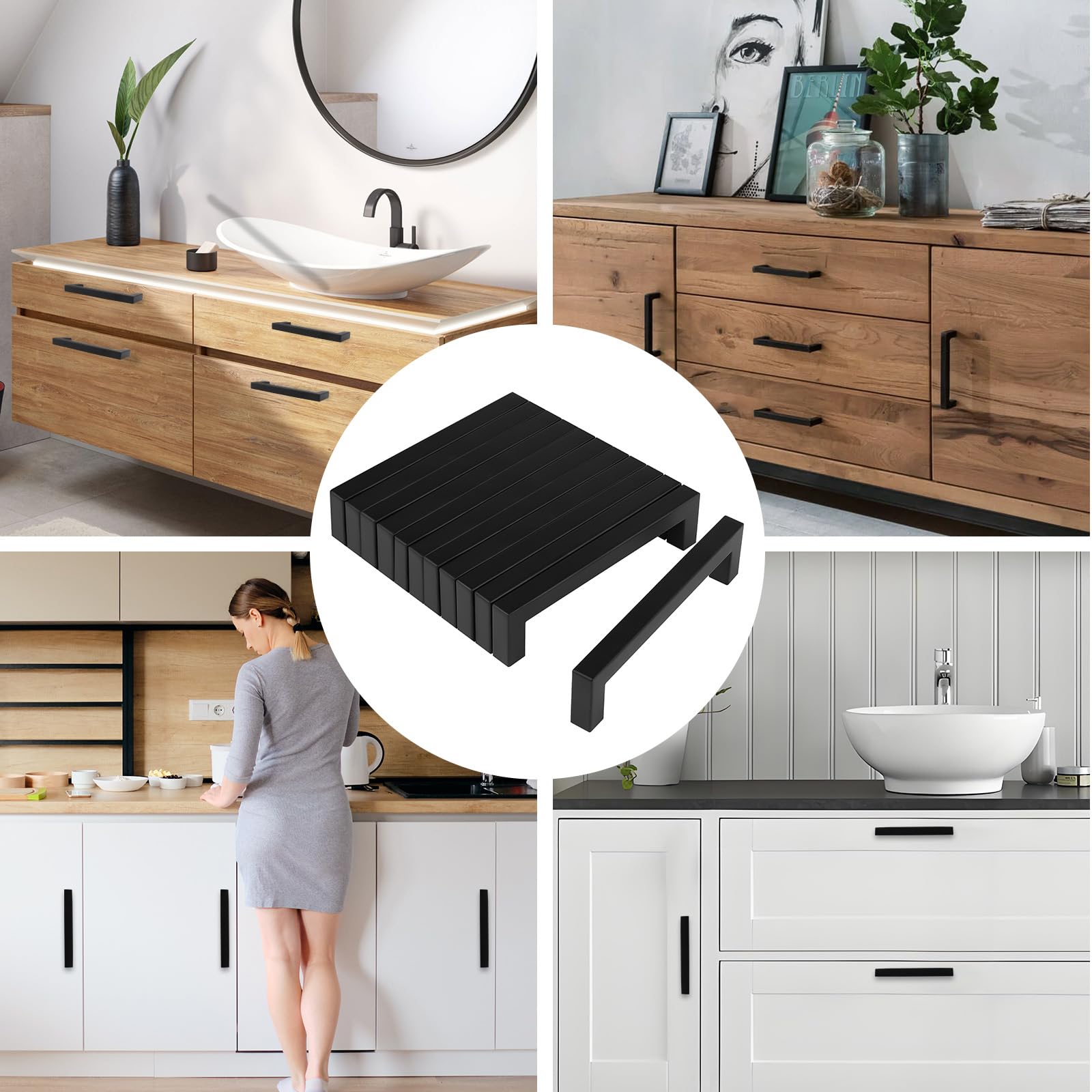 Keukenkastgrepen, 12 stuks, zwart, gatafstand 128 mm, meubelgrepen, vierkante lade- en deurgrepen voor de keuken (met schroeven