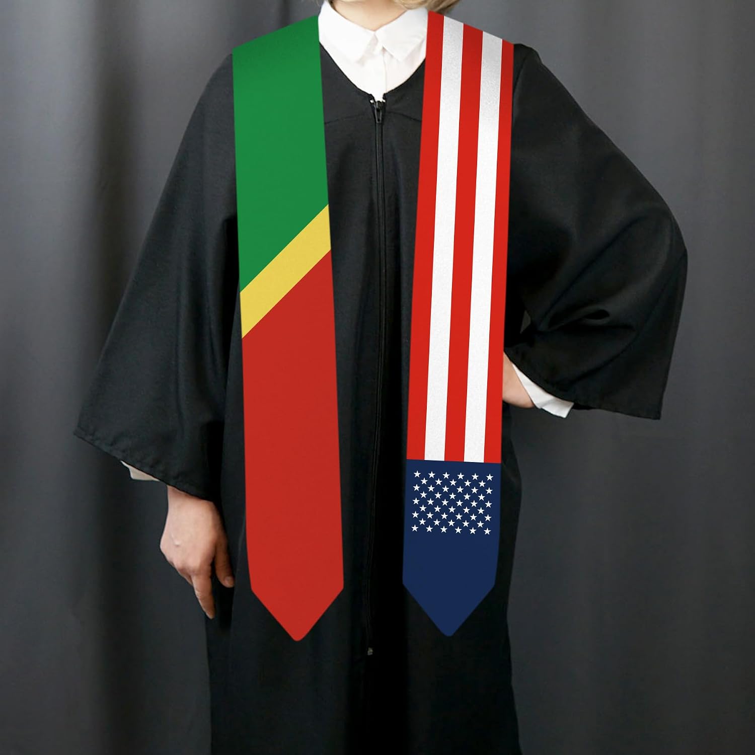 72 Inch Republic of Congo Brazzaville Flag and USA Flag Graduation Sash Unisex Adults Graduation Stole Scarf International Class (Not Include Baccalaureate Gown and Hat)