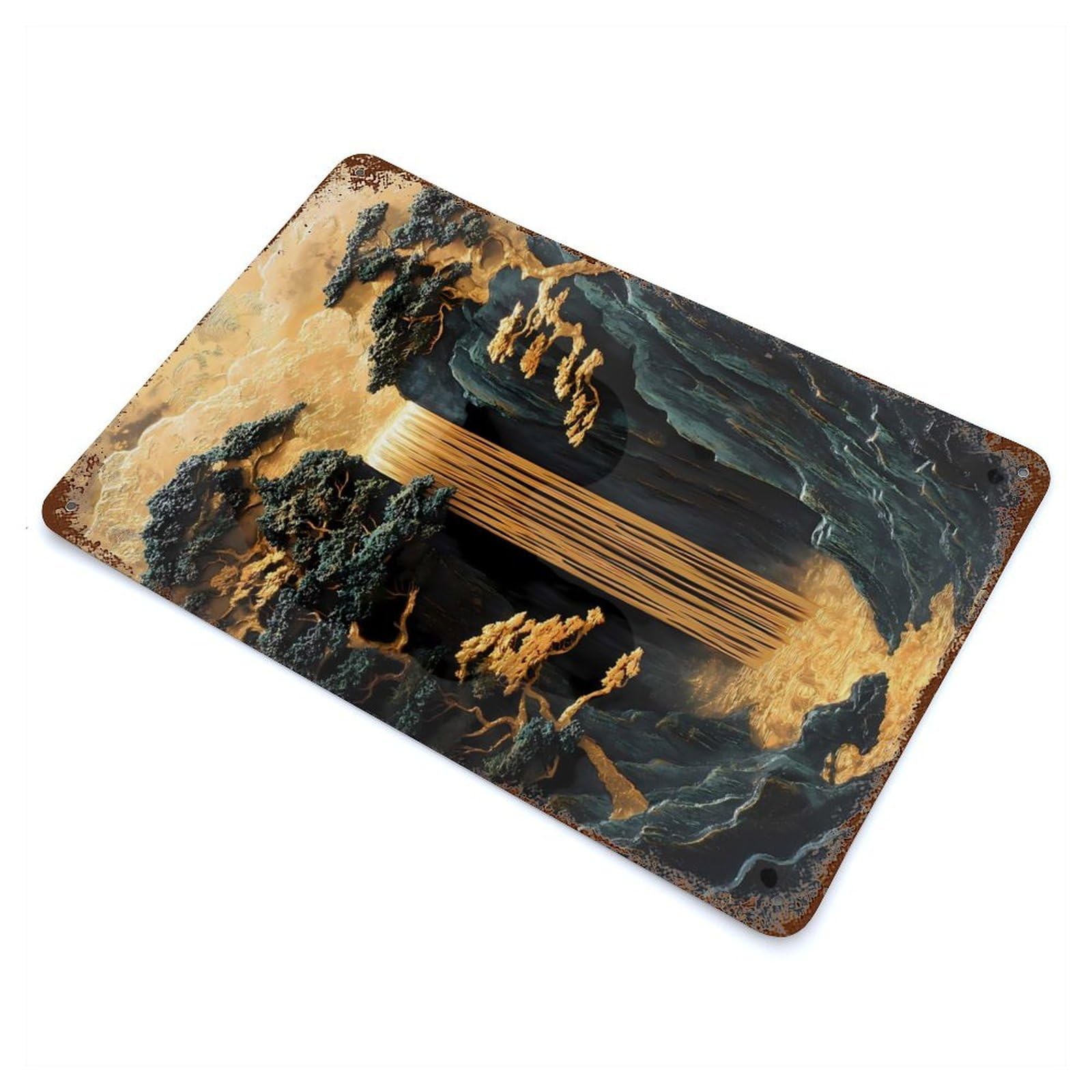 Golden Waterfall Bonsai Cherry Blossom Landscape 11.8"x7.9" Rust Effect Tin Sign, Decorative Metal Wall Art for Garage, Bar And Workshop Decor