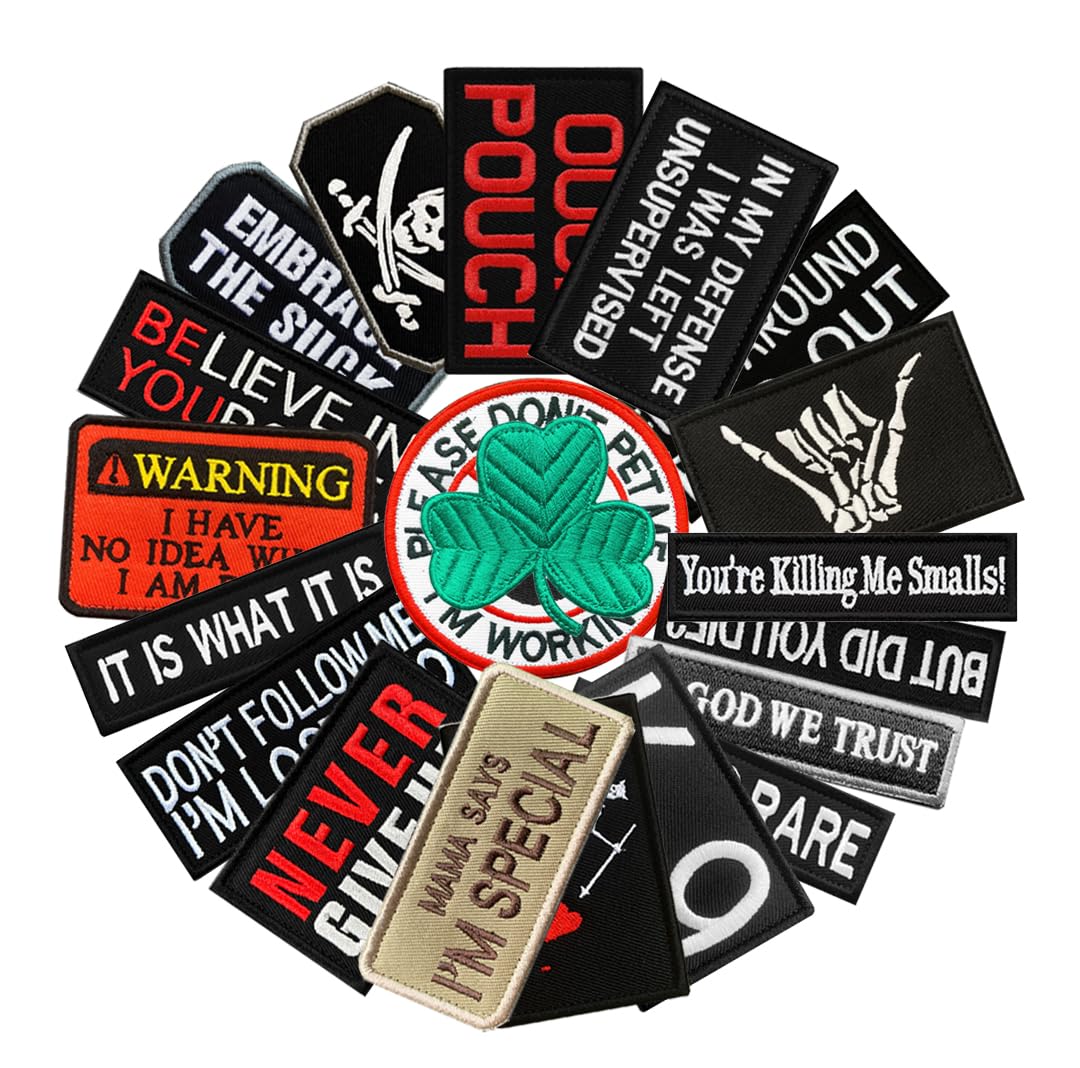 20 PCS Ouch Pouch,Never Give Up,Mama Says I'm Special etc Patches Tactical Embroidered Applique Patch for Uniforms,Armband,Jacket,Hat,Bag,Backpack,Clothes,Coat,Pants,Pouch,Vest Hook and Loop Emblem