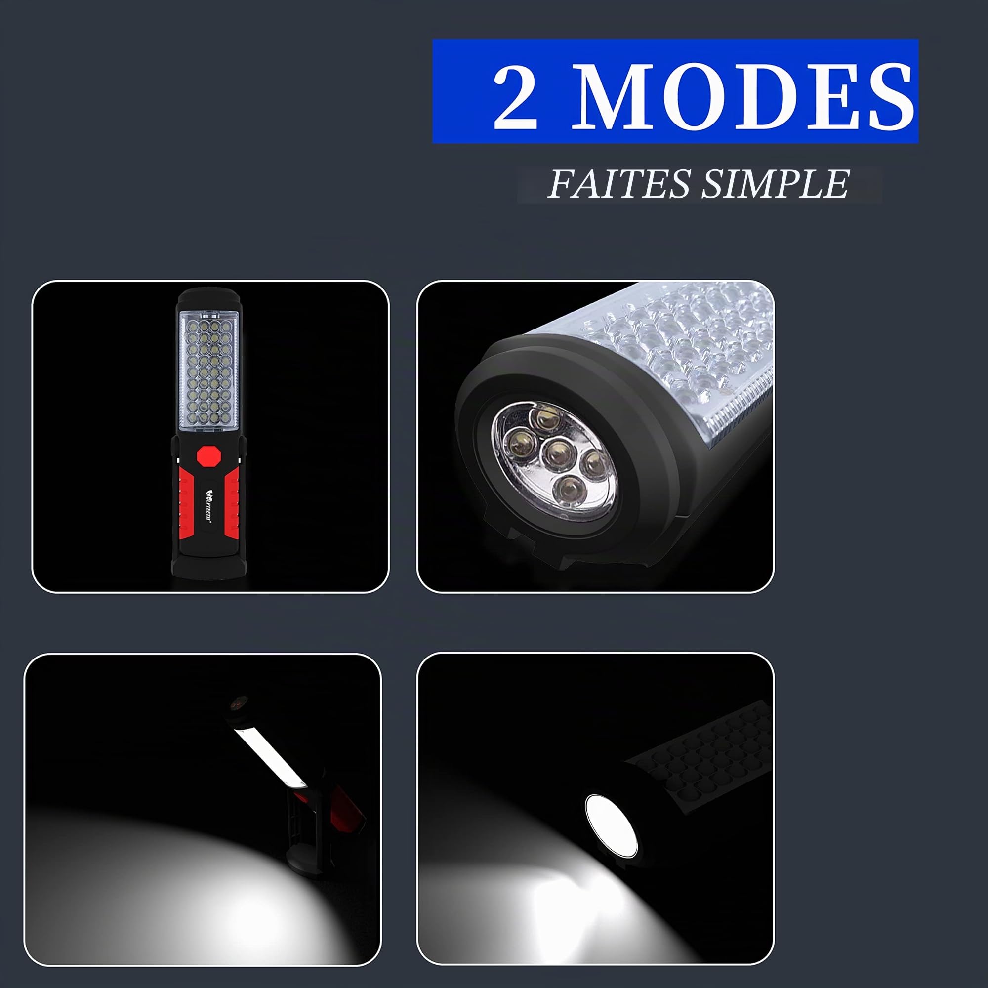 WOLFTEETH Lampe de Poche LED, 36+5 Lampes de Travail Magnétiques Portables, Lampe de Inspection Camping, Crochetà 360 Degrés, Base Magnétique à 270 Degrés pour Usage Domestique d'urgence