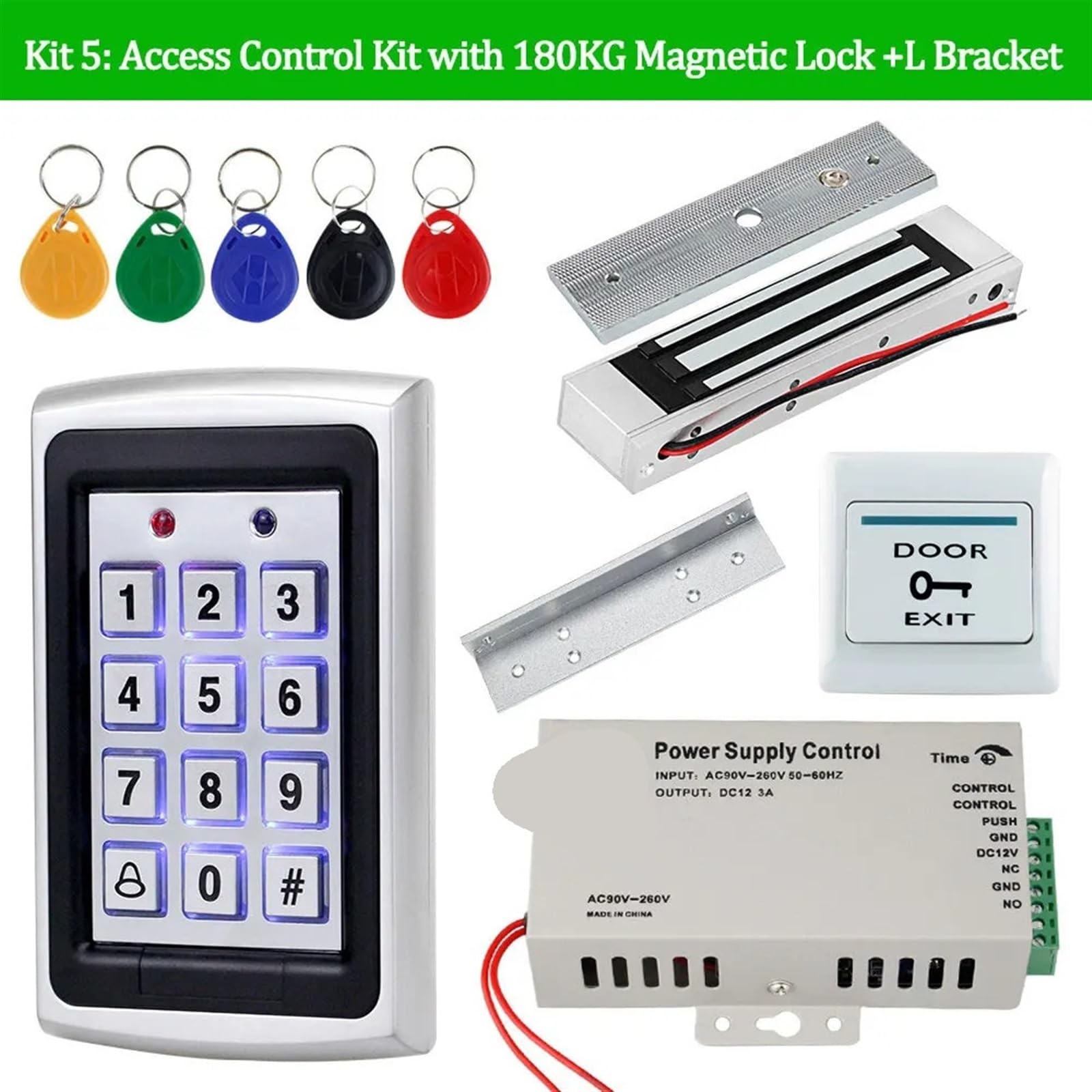 Zugangskontrollsystem-Kit, 125 kHz, RFID-Tastatur, Regenschutz, mit elektrischen Türschlössern, 180 kg magnetisches Türöffnerschloss, DC12 V(Gris)