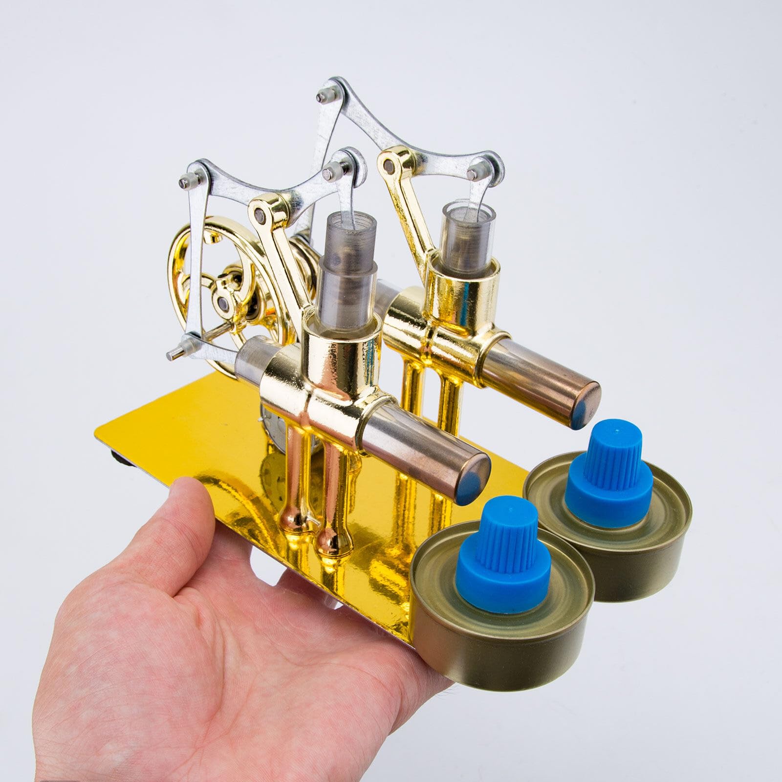 Stirling Modèle de moteur à vapeur à cylindre chaud en métal, modèle de moteur à gros piston à deux cylindres, à combustion externe, moteur thermique (couleur de l'ampoule aléatoire)