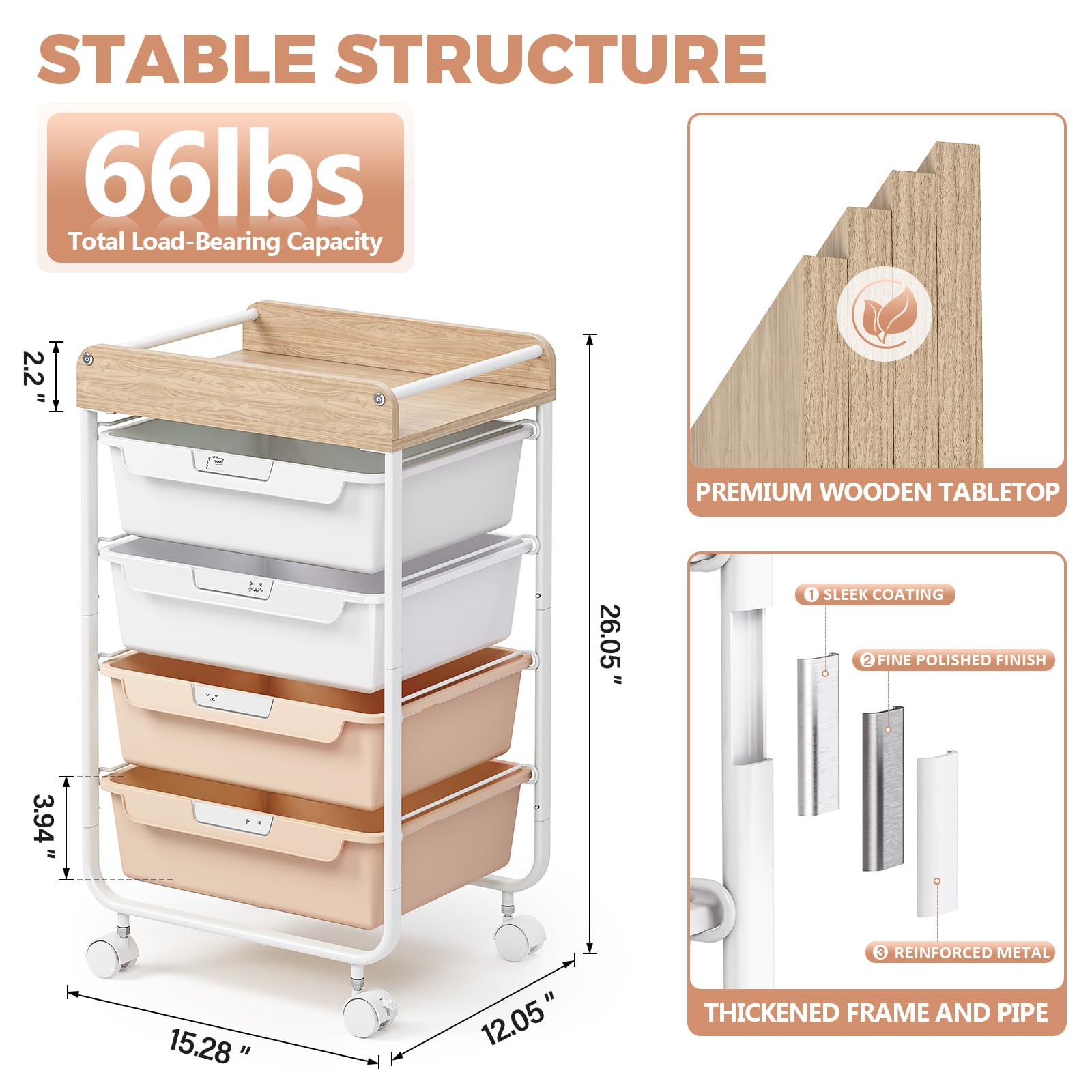 SYKIARIOL Chariot à 4 tiroirs avec roulettes et boîte de rangement - Chariot multifonction en plastique avec étagères en bois - Convient pour salle de bain, cuisine, salon et bureau