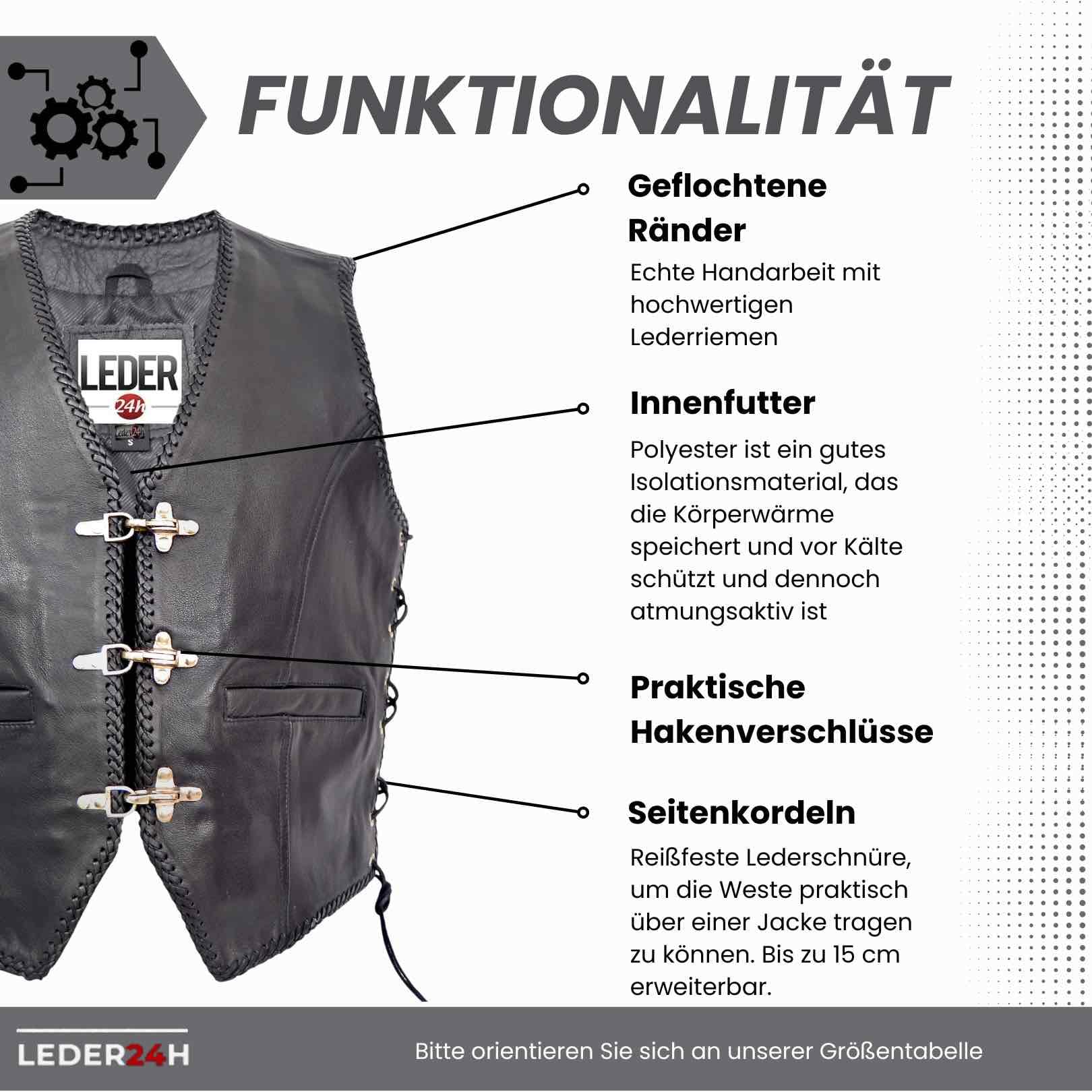 LEDER24H Schwarze Leder Motorradweste mit Kordel 1050-SP
