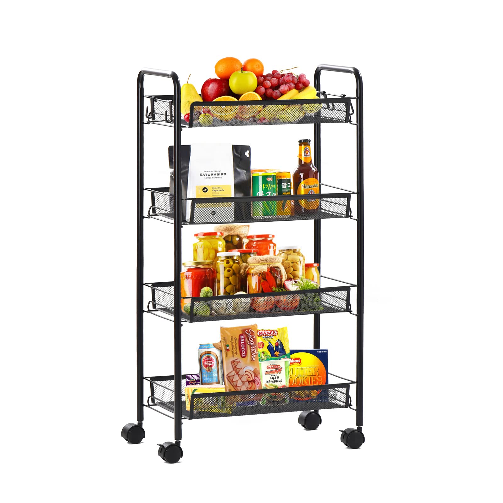 Carrello da cucina a 4 piani, in metallo, versatile, con 4 ruote libere, 4 ganci, per casa, ufficio, cucina, bagno, camera da letto (nero)