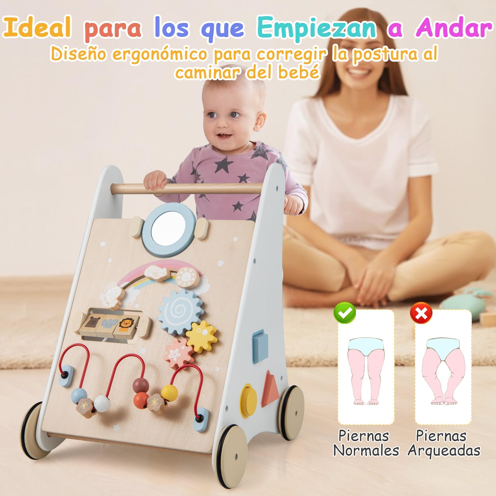 COSTWAY Andador Bebes de Madera, 7 en 1 Andador de Aprendizaje para Empujar/Jalar, Juguetes de Actividad de Madera, Desarrolla las Habilidades Motoras, Juguete para Caminar para Niños de 1+ Años