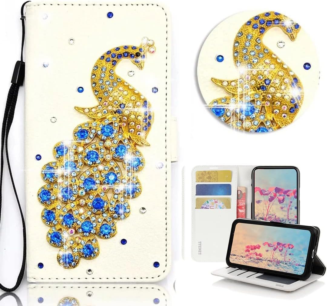 STENES Bling Wallet Phone Case Compatible with iPhone 12 Case - Stylish - 3D Handmade Peacock Design Leather Cover with Screen Protector & Neck Strap Lanyard - Blue