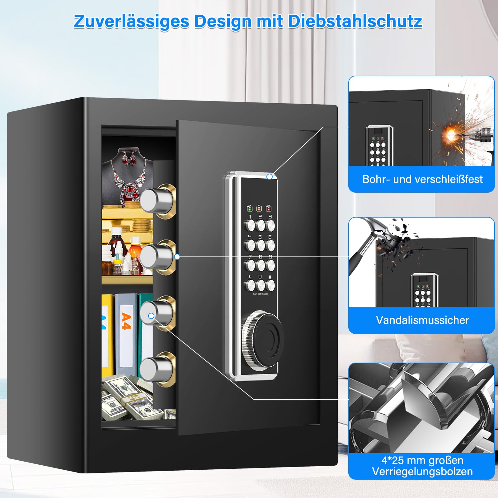 45L Großer Feuerfester Tresor Safe mit Feuersichere Dokumententasche, Digitaler Möbeltresore mit 2 Schlüssel & Herausnehmbarem Regal, Elektronischer Tresor für DIN A4 Ordner Bargeld Medikamente