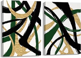 VisionaryBrush Black Gold and Green Wall Art, Abstract Stripes Canvas Po...
