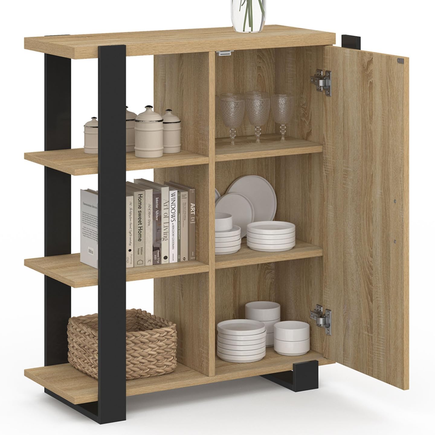 IDMarket Phoenix - Aparador auxiliar con 3 estantes y armario de 70 cm, madera y negro