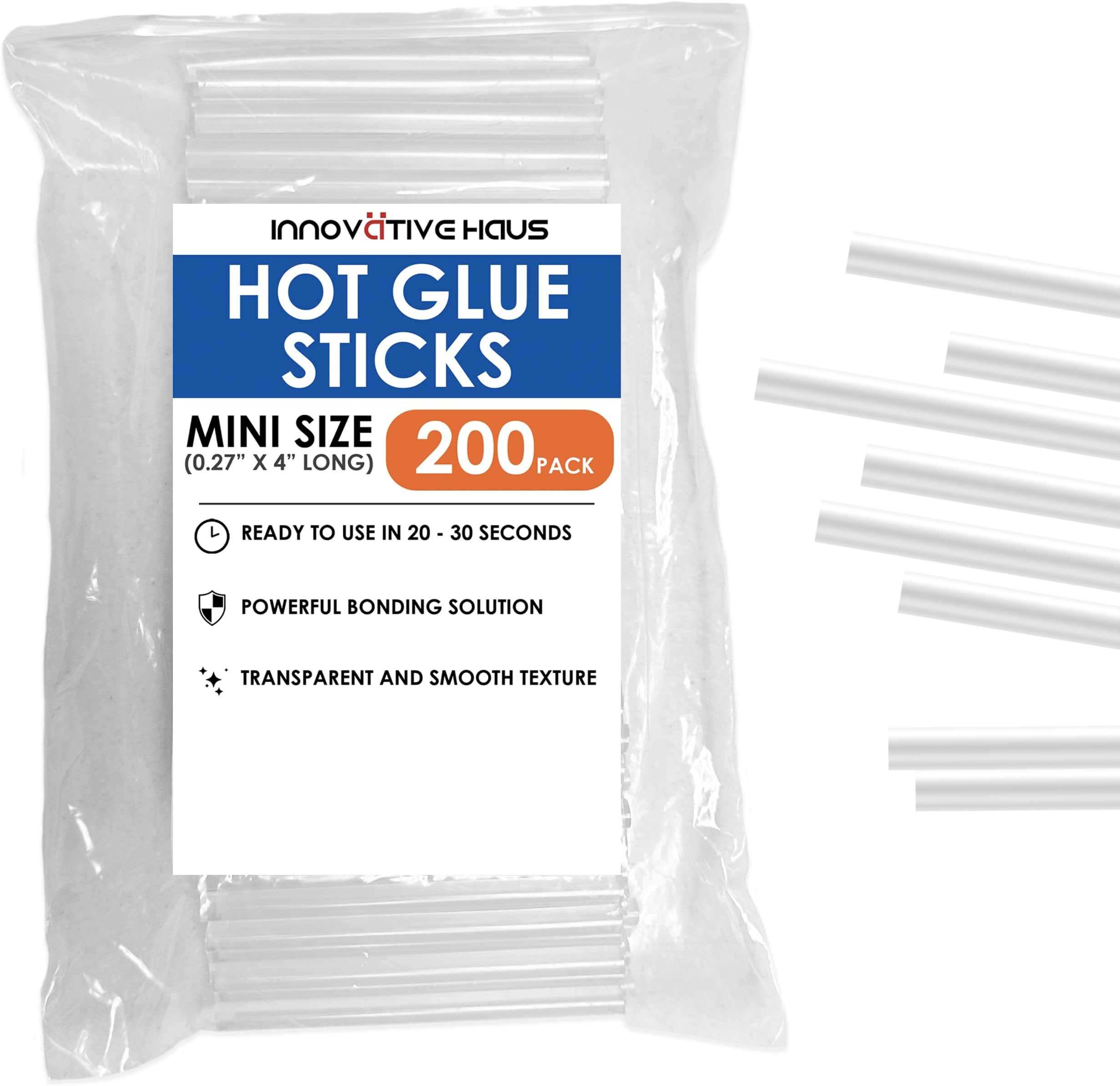 Innovative Haus Mini Hot Glue Sticks (200 Pack) - Fits Mini Glue Guns, 4" x 0.27" - Craft, Bond, Create on Wood, Metal, Glass and More - Transparent, Strong and Quick-Drying