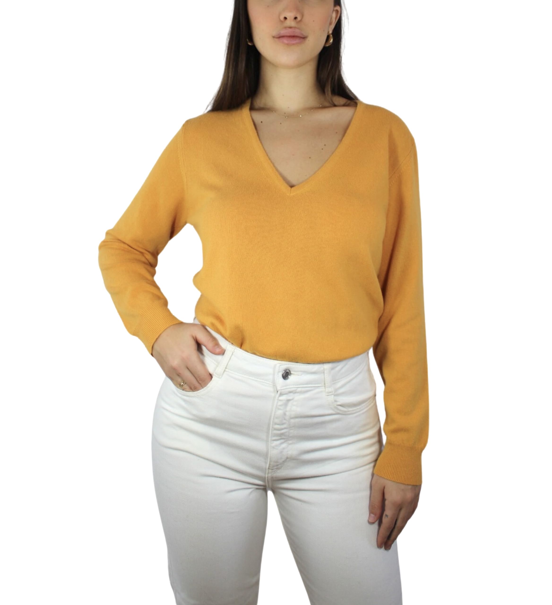 Win's Women's Yellow Cashmere V-Neck Sweater, Made In Italy, Xl