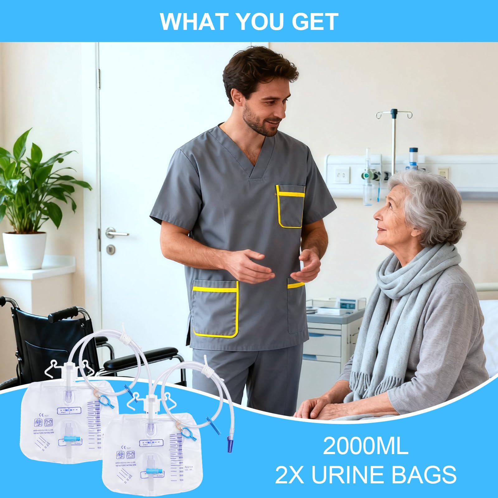 2 Stück Urindrainagesystem, Urinbeutel 2000ml mit Anti Reflux Ventil und Ablass, Urindrainagebeutel Drainagebeutel mit 100cm Schlauch (2000ml-2pcs)