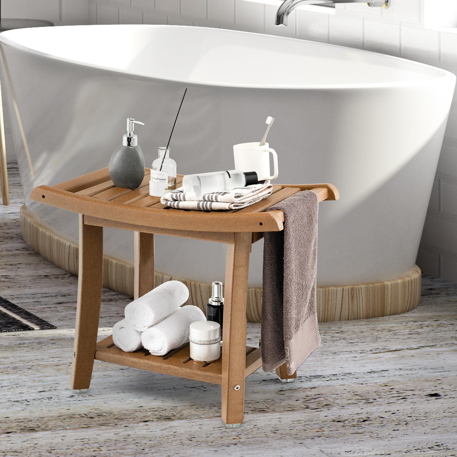 RELAX4LIFE Duschbank, Badezimmerbank mit Ablage Handtuchhalter, Badhocker mit Rutschfesten Füßen, Duschstuhl bis 150kg Belastbar, Duschsitz für Alte Schwangere, 60,5 x 34 x 45 cm (Braun)