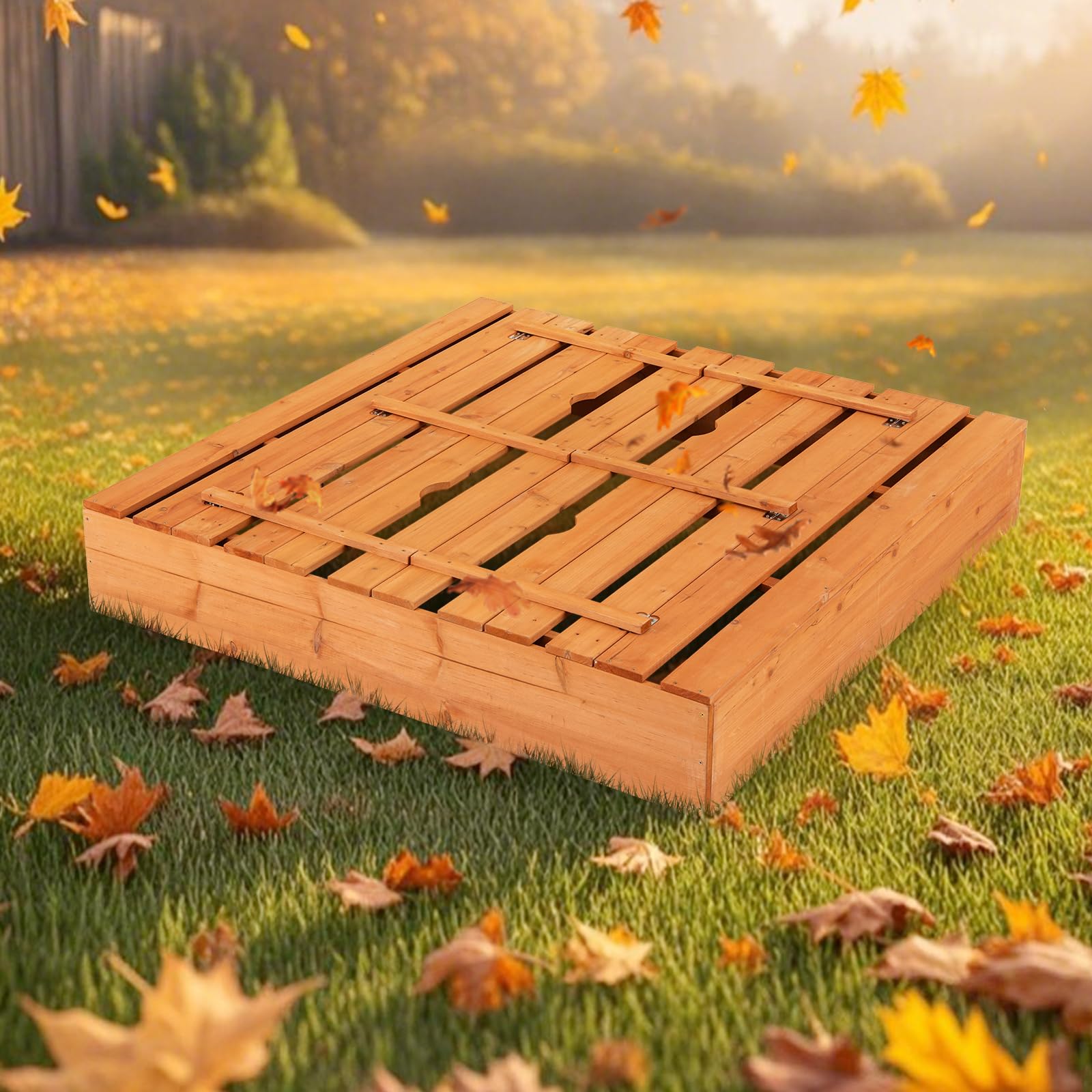 COSTWAY Bac à Sable Enfant Extérieur avec 2 Bancs Convertibles, Bac à Sable en Bois Sapin avec Couvercle & Doublure, Charge 100kg de Chaque Banc pour Jardin Terrasse Cour, 18 Mois+