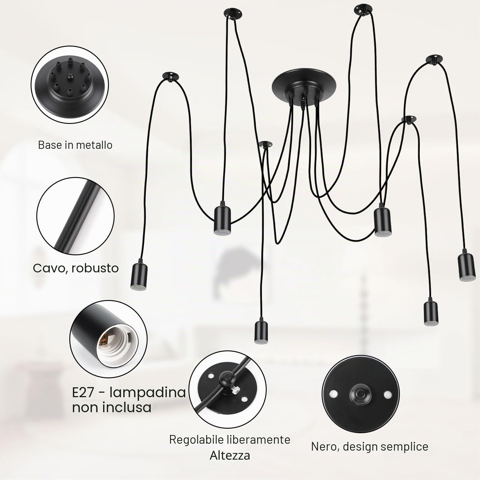 Lightess Lampadario a Ragno 6 Luci, Lampade a Sospensione Nero Industrial Lampadario Pendente Moderne Lampadari Soffitto Vintage per Camera da Letto Soggiorno