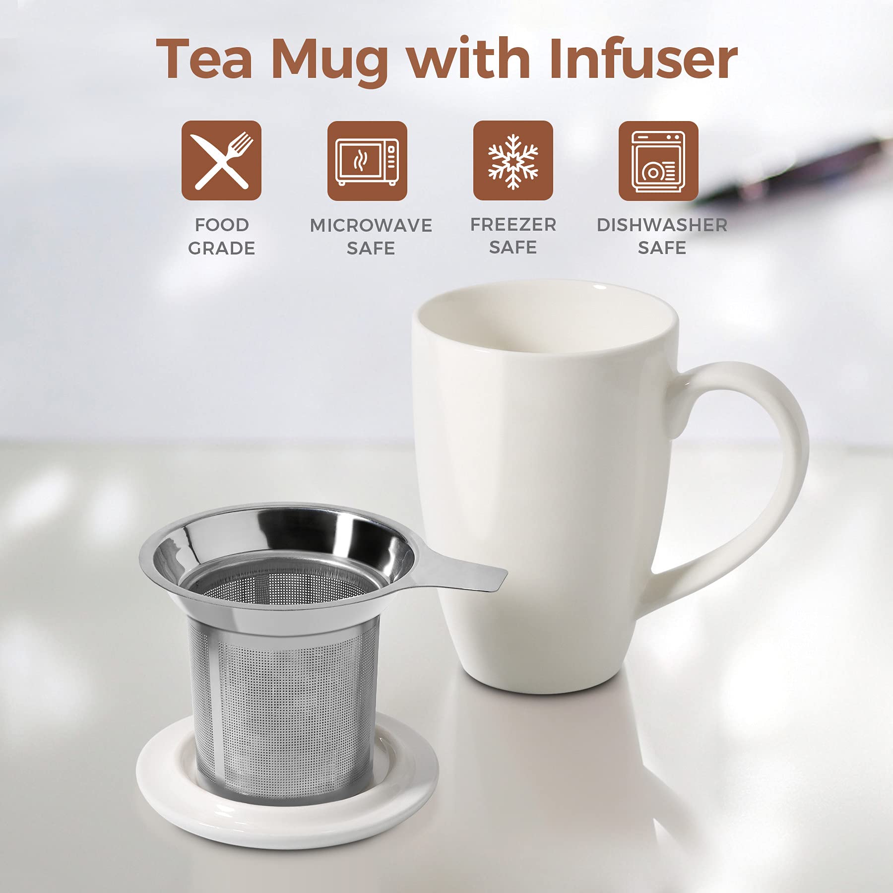 ComSaf Taza de té de cerámica con infusor y tapa, taza de porcelana grande de 16 onzas con filtro de té para hojas sueltas de té/bolsa de té, taza de té para oficina, hogar, color blanco