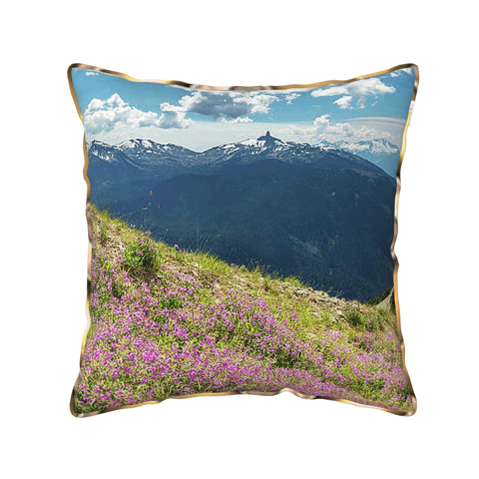 AUBKFELD Mountains Printed Velvet Cushion Cover 50x50 CM with Gold Edging Strip, Square Pillowcase Soft Throw Pillow Covers Case Decorative for Living Room Sofa Couch Bed Bench