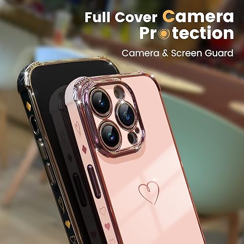 Miniatura 4 de ICREEFUN Funda para iPhone 14 Pro, bonita funda de lujo chapada en corazón para mujeres y niñas, protección completa de la cámara y esquinas