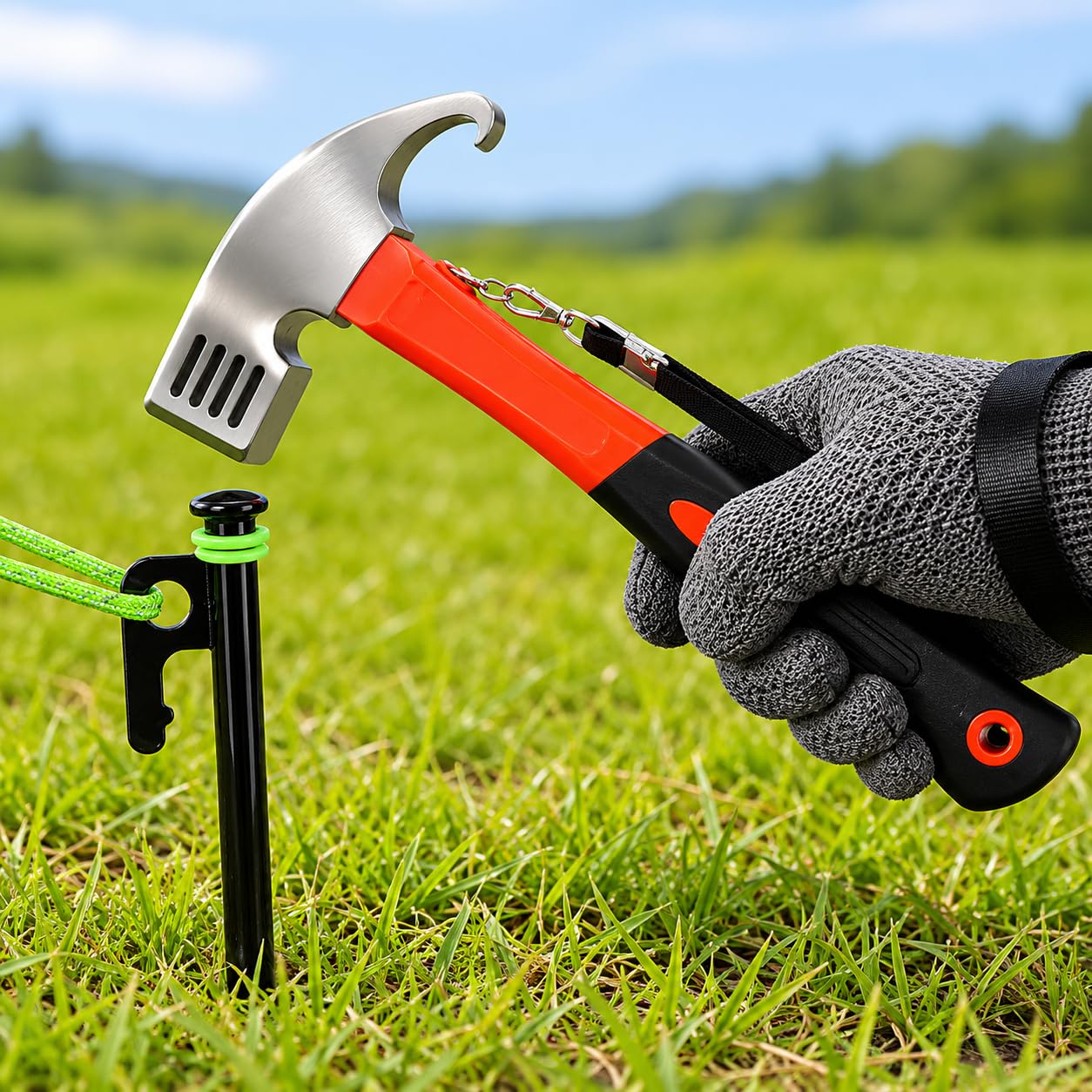 Zeltbefestigungsset sturmsicher für Camping, Zeltheringe Set & Abspannseile, für Zeltzubehör, Set mit 8X 20cm Heringen, 8X reflektierenden Seilen, orangefarbenem Hammer und Zubehör