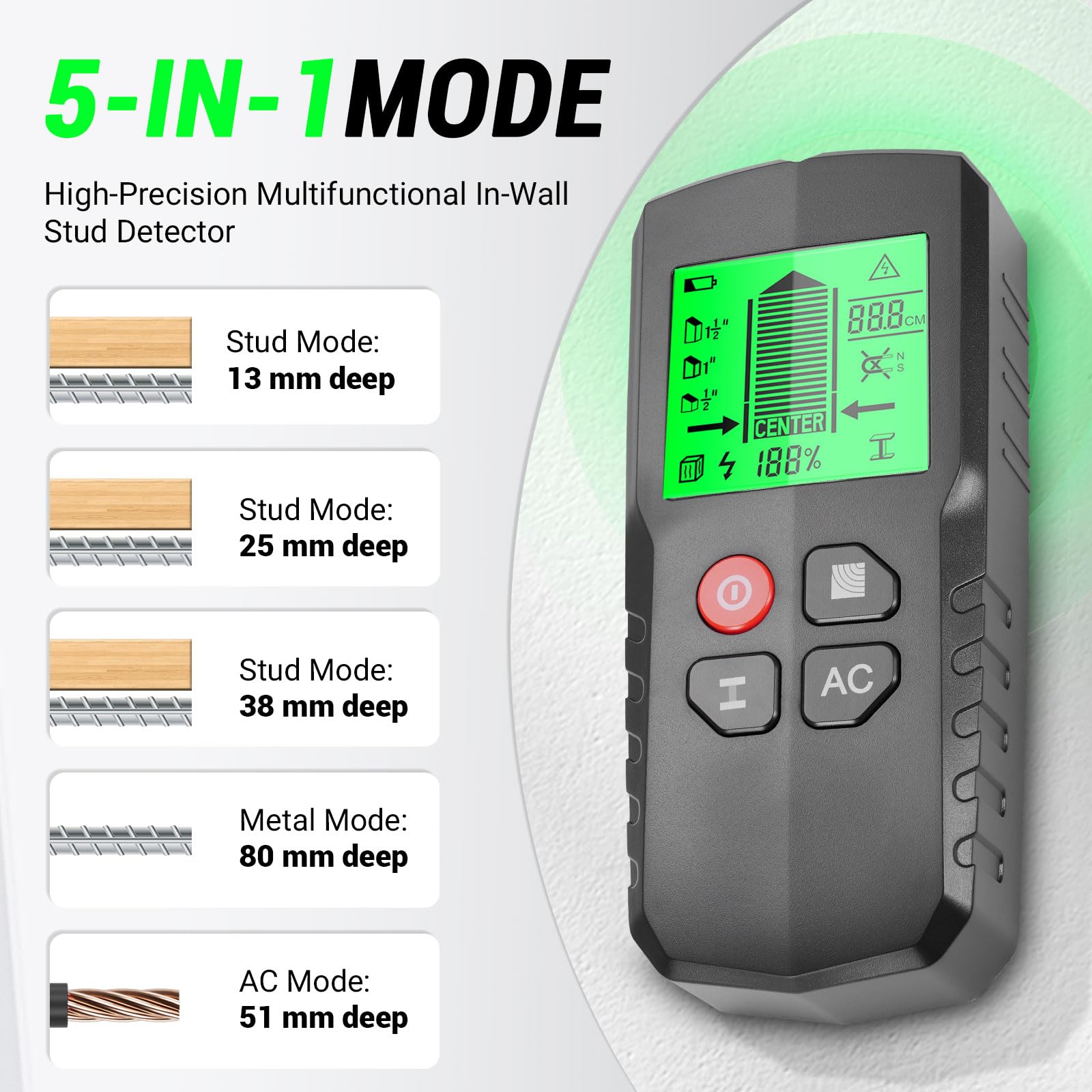 Leitungssuchgerät 5 in 1 Ortungsgerät mit Smart Chip & HD-LCD, Kabelfinder Leitungsfinder für Stromleitungen, Holz, Eisenmetalle und Wechselstromkabel, Wandscanner Detektor mit akustischer Warnung