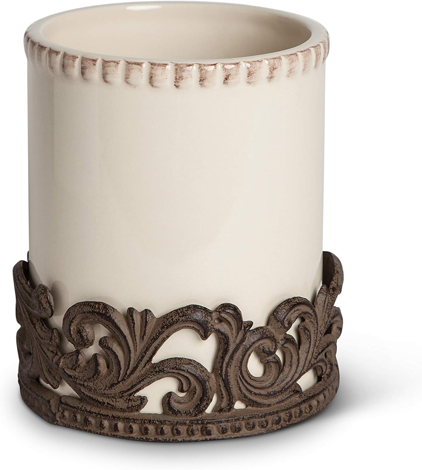 Cream Ceramic Utensil Holder with Acanthus Leaf Metal Base