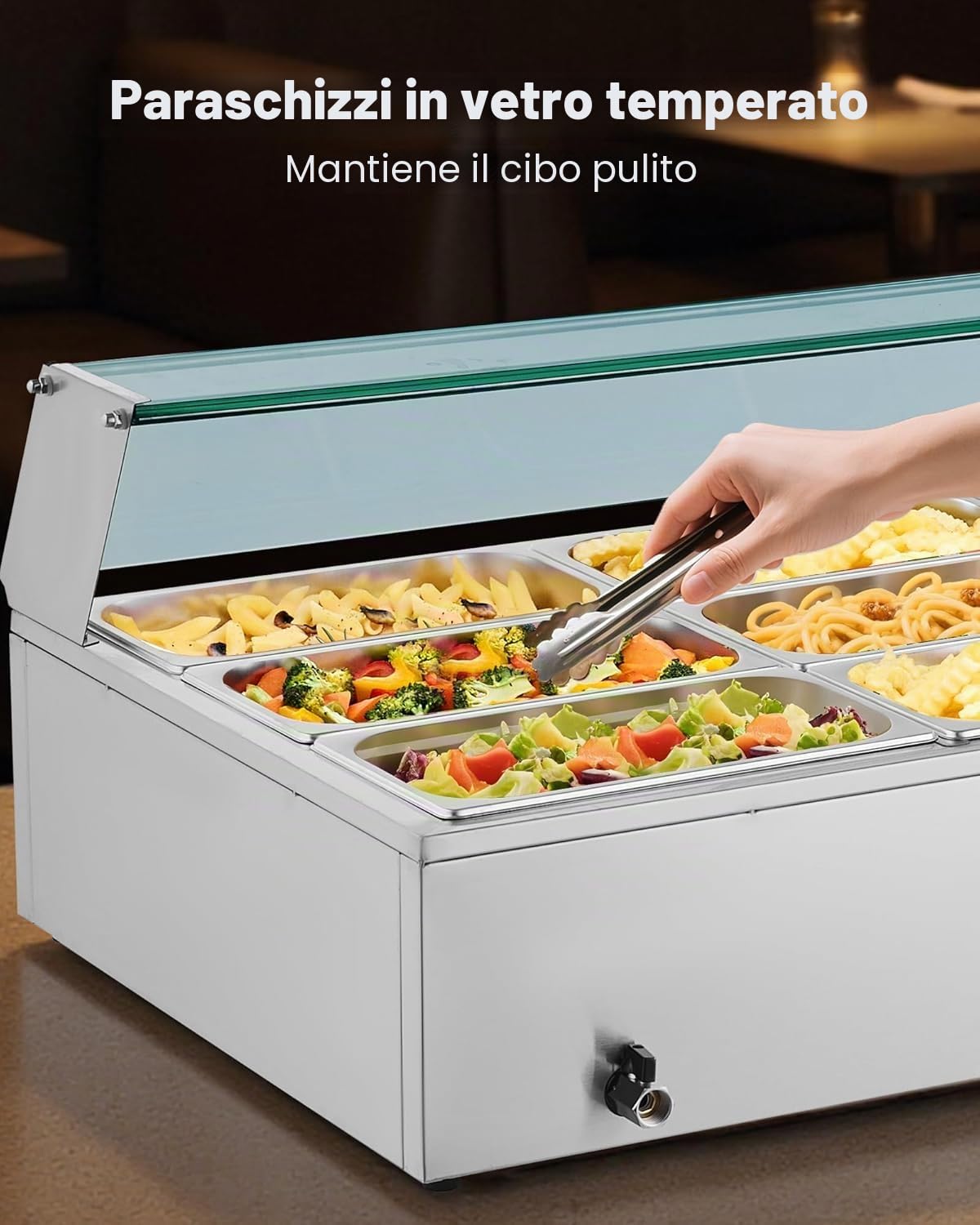 VEVOR Scaldavivande Commerciale, Scaldavivande Elettrico in Acciaio Inox da 1700 W con Coperchio in Vetro, Bagnomaria da Banco a 12 Teglie, con Mestoli per Zuppa e Forati, per Ristoranti