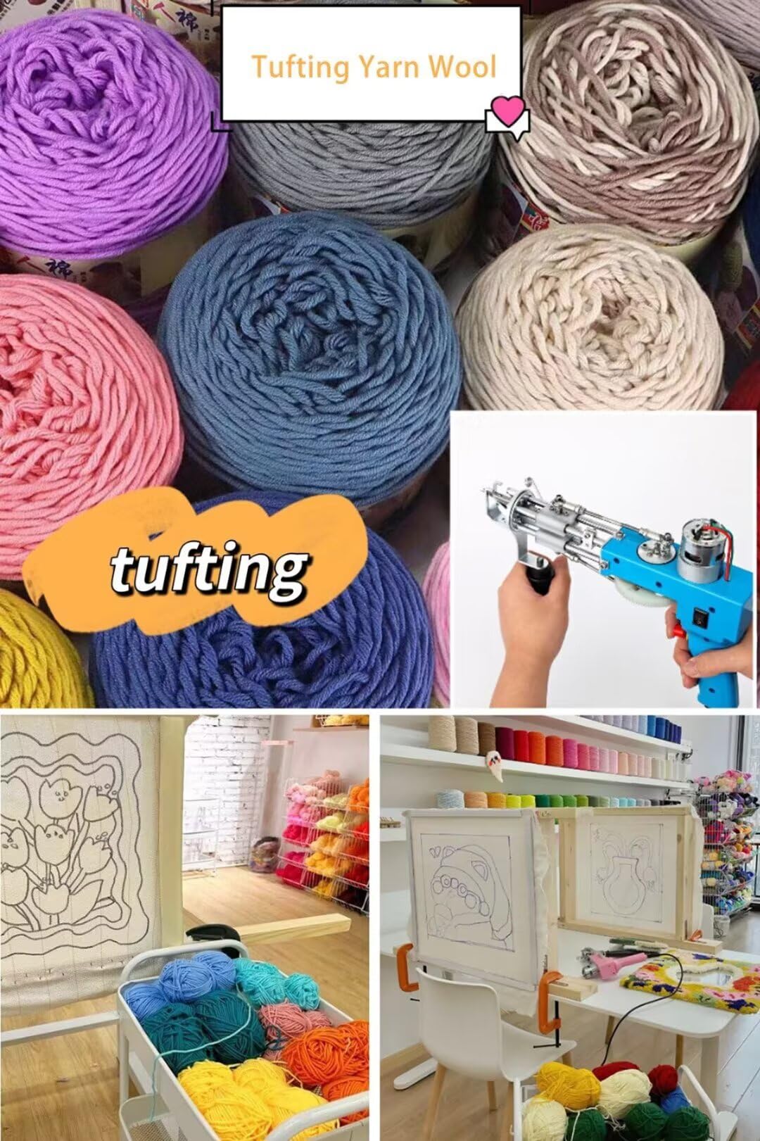 8-fädiges Tuftinggarn zur Teppichherstellung,5mm dicker Faden,Baumwoll- und Polyester-Mischgarn für Tuftingpistole und Häkeln,Wollknäuel zum Häkeln mit der Punch Needle,Set mit 12 x 100g Garnknäueln