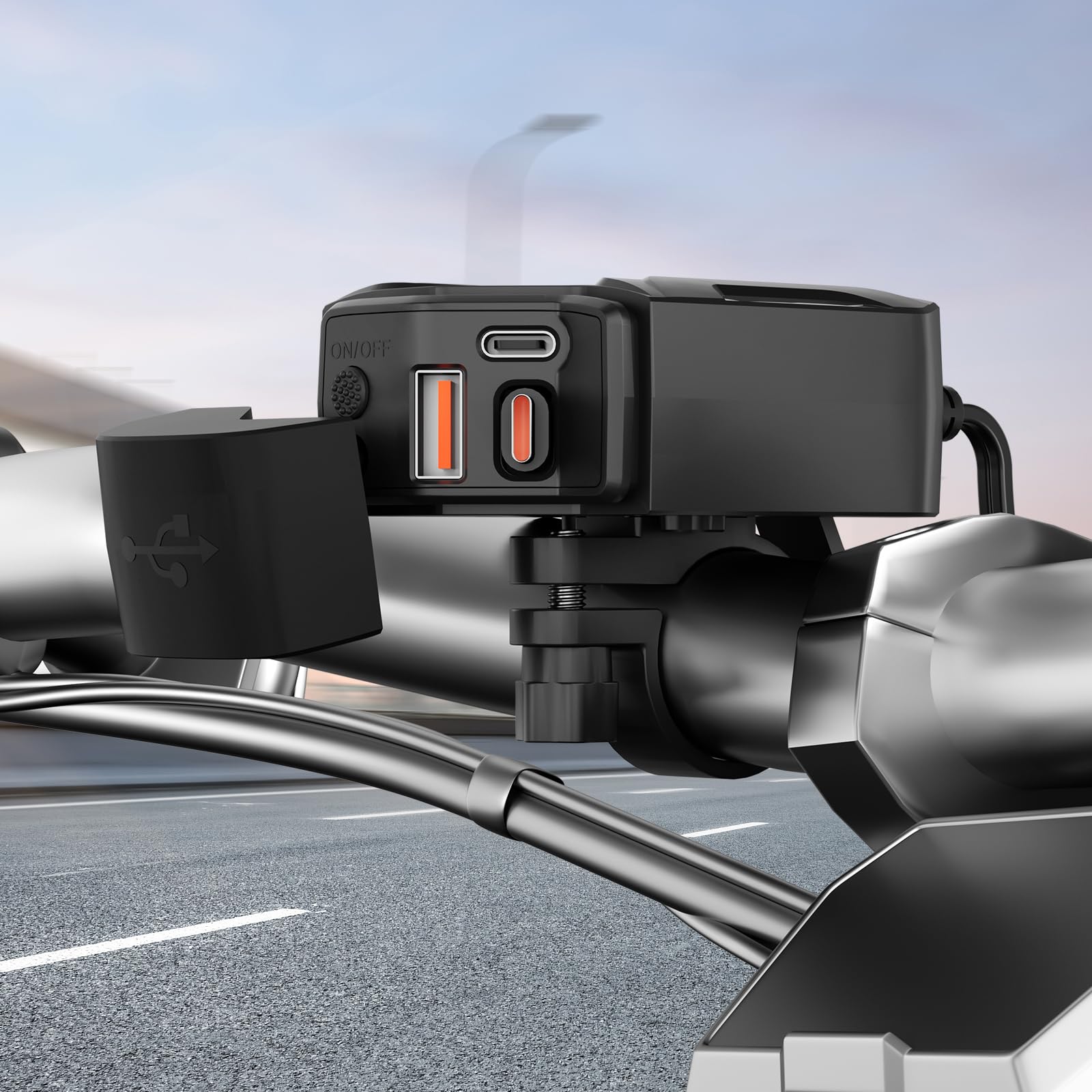 Motocyklowy adapter USB z woltomierzem, wyłącznikiem, IP65, podwójny USB-C PD i USB-A do telefonu, tabletu, GPS