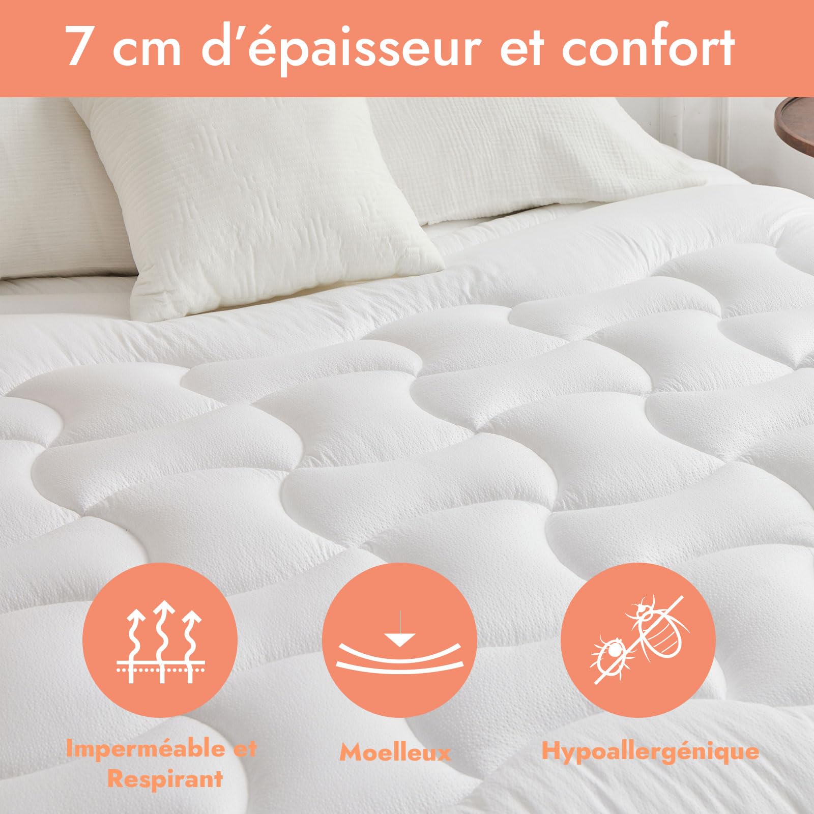 Surmatelas ConforProtect 2 en 1 | Alèse et protège-Matelas intégrés | 7 cm de Confort | Imperméable, Moelleux, aéré, hypoallergénique (90x190 cm)
