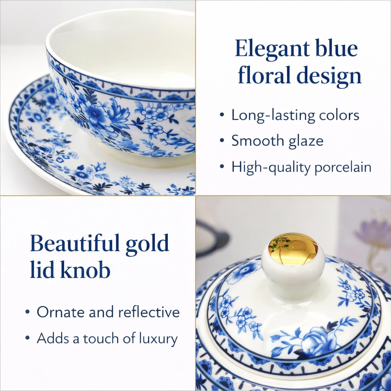 Porcelain Tea for One Set Beautiful Flower Ceramic Teapot with Cup Gifted Box (Blue and White)