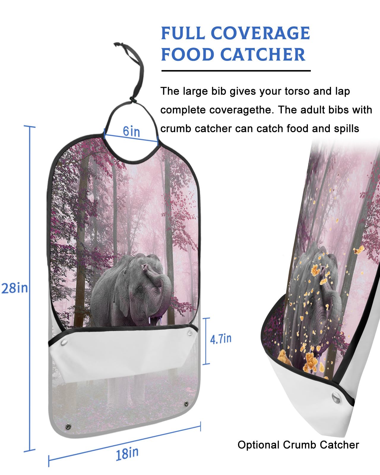 Rose Red Maple Leaf Forest Adult Bibs for Eating, Waterproof Bibs with Food Catcher & Adjustable Snap Closure, Autumn Farmhouse Elephant Washable Clothing Protectors Adult Bibs for Elderly Women/Men