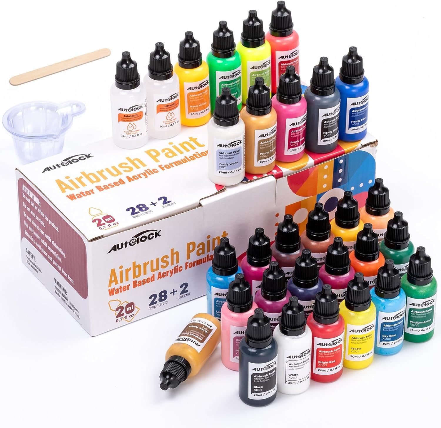 Pinturas para aerógrafo Autolock, 28 colores, 20 ml/0,7 oz, con 2 lubricantes, juego de pintura para aerógrafo, pinturas acrílicas a base de agua para lienzo, metal, plástico, modelos y madera
