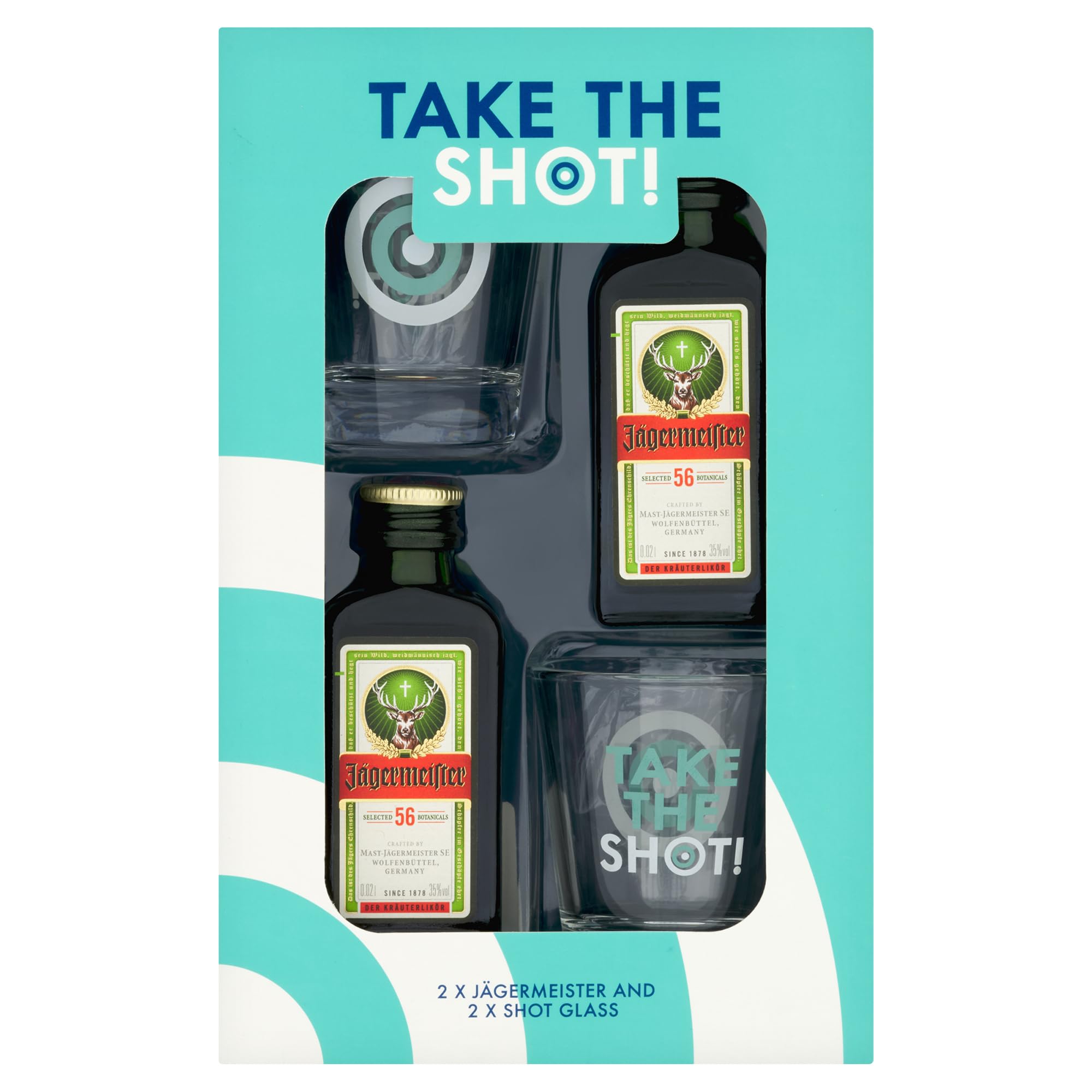 Take the Shot Jägermeister Gift Pack – 2 x 5cl Miniatures with Two Branded Shot Glasses – By Blue Tree Gifts