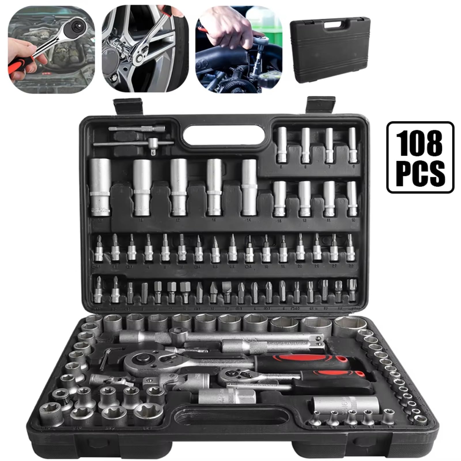 Maletín herramientas multiusos Juego Llaves Tubo 108 Piezas Juego Trinquete Llave Trinquete Combinada Kit Herramientas Para El Hogar Herramientas Manuales Herramienta Trinquete Y Estuche