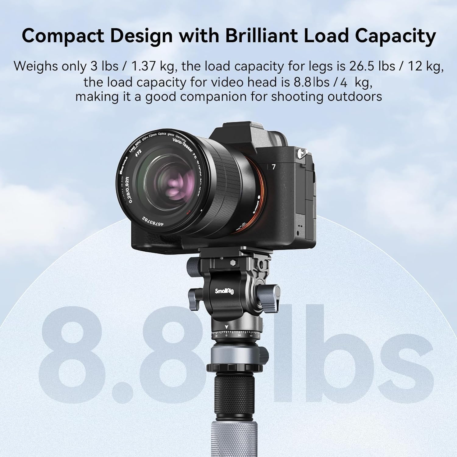 SmallRig 63" Video Travel Tripod, Carbon Fiber Tripod with Quick Release Fluid Head, Leveling Bowl Base and Center Column, 1.3kg Ultralight for Travel Photo & Video, Load up to 4kg / 8.82 lbs - 4221 - Image 6